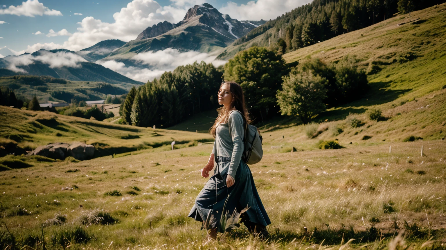 In an outdoor scene, green field of grass, mountains, blue sky, white cloud, a beautiful druid walking casually on the field, detailed face, detailed skin, detailed texture, detailed environment, realistic, photorealisitc, 8K, UHD, wide-angle shot, candid photography,