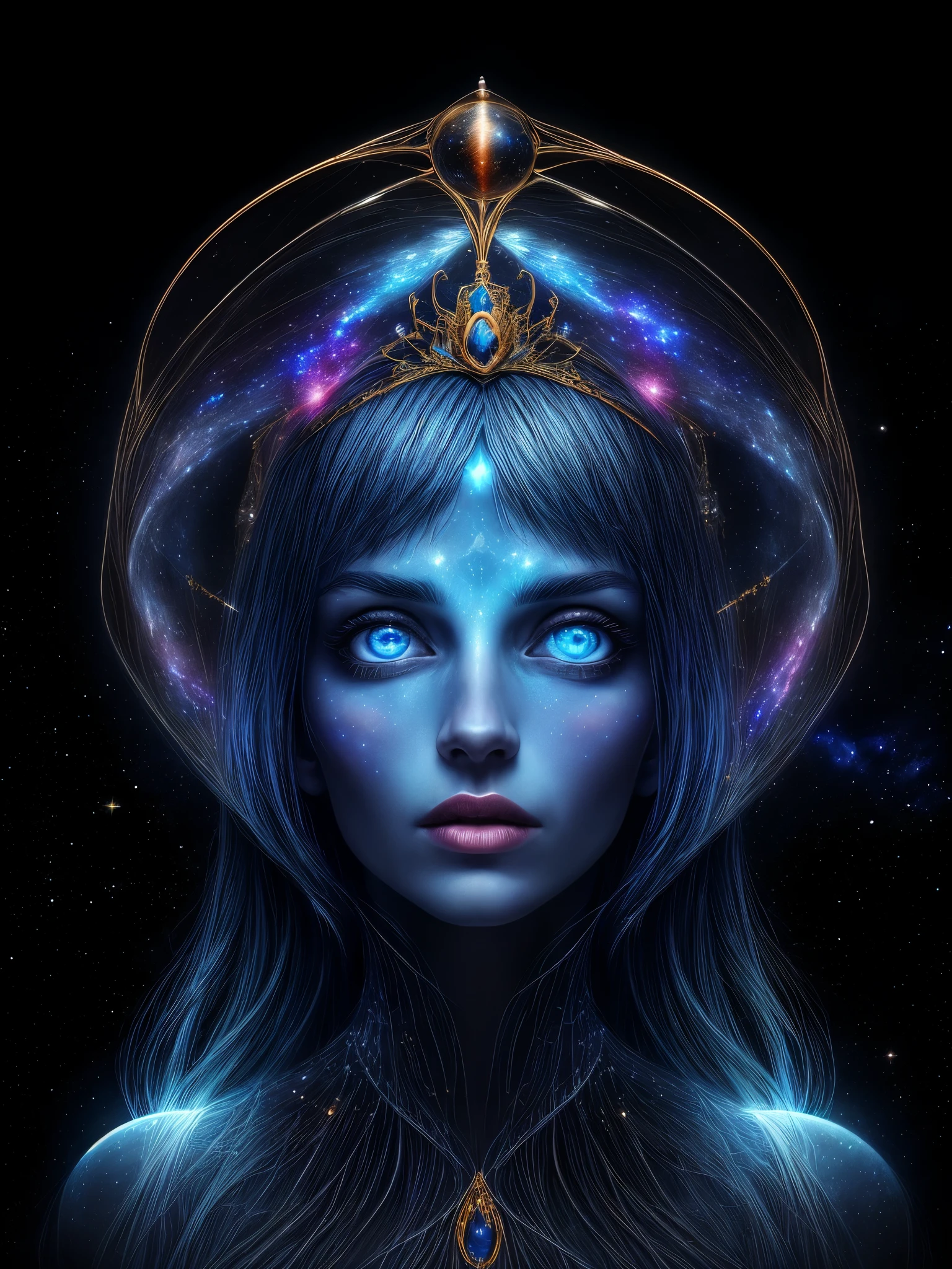 Protrait, photograph, Alien Space Queen, detailed eyes, curious, delicate features, beautiful face, high ponytail, blue hair, (wearing a glowing galaxy tiara:1.1) photorealistic, realistic