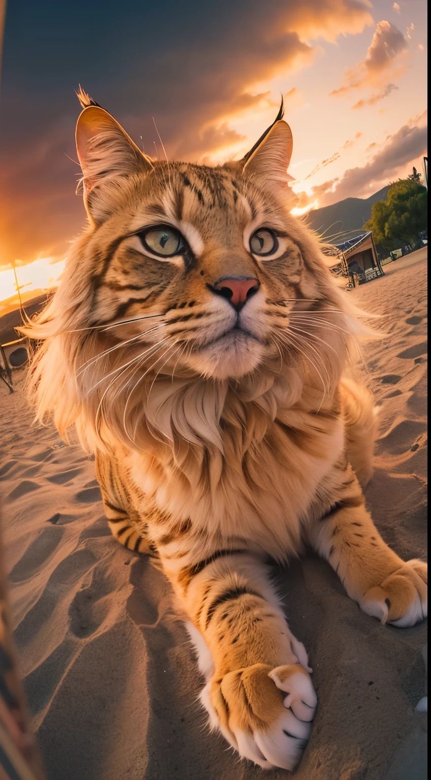 A fluffy big yellow cat takes a selfie on the beach, Sunset, Fisheye lens, Create a shot, Soft color grading, Depth of field cinematography effect, film noir genre, 8k resolution, high quality, Ultra-detailed