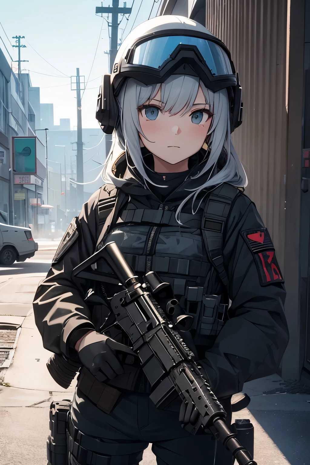 The background is the reserve station in the game Escape from Tarkov, An anime girl holds an M4A1 in her hand, Another anime girl holds HK416 in her hand, Ballistic helmet and ballistic goggles，The gun is equipped with tactical accessories and a holographic sight, There is an F1 grenade on the chest