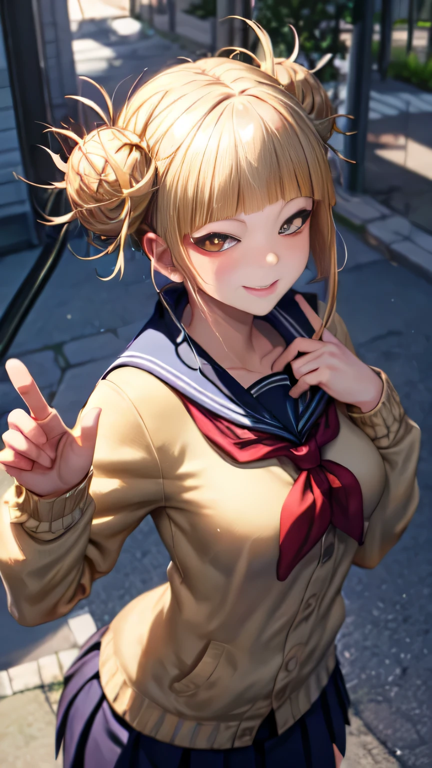 Toga Himiko, school uniform, Masterpiece, Best quality, 1girl, (Colorful), ((hiding hands)), Ray tracing, Solo, sexy pose, bust shot, Blue sky, Sunny, Light, fantasy, street alley background.