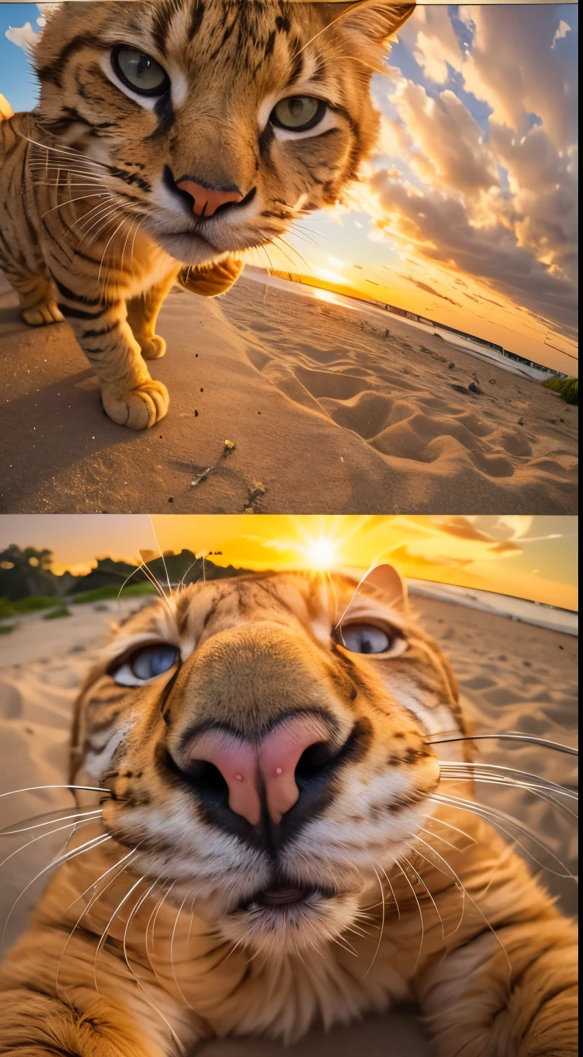 A fluffy big yellow cat takes a selfie on the beach, Sunset, Fisheye lens, Create a shot, Soft color grading, Depth of field cinematography effect, film noir genre, 8k resolution, high quality, Ultra-detailed