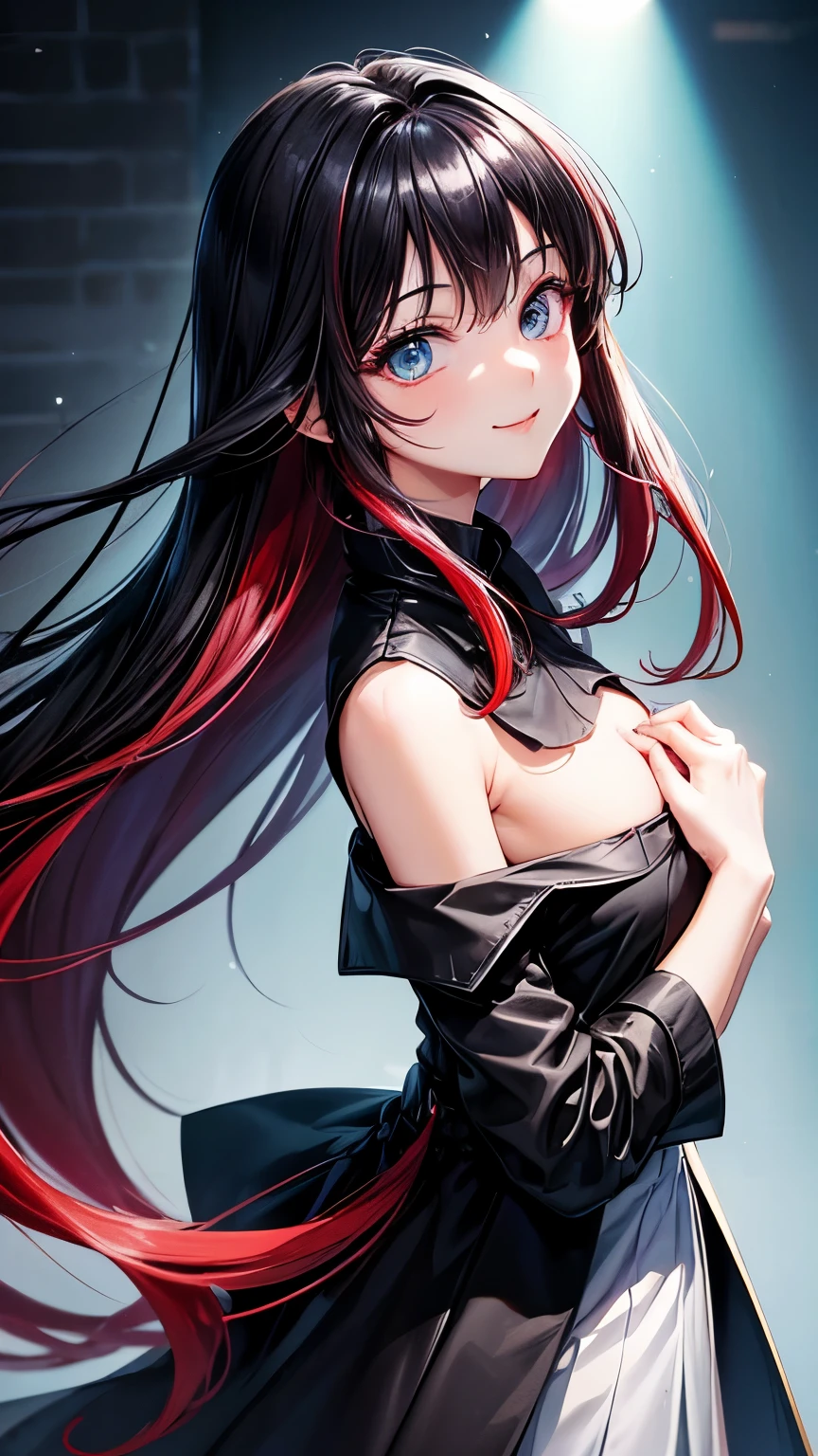 20 years old Japanese voluptuous lady ((small breast, slender)), shiny pale purple straight long hair ((jet-black hair ,red highlights hair )),((much shaggy forelock)), ((red highlights of her forelock)), BREAK, big droopy round eyes ((shiny light blue eyes)), eyelashes, BREAK, preforming idol on stage fashion ((noble , black off-shoulder shirt )), her-black overcoat , cheerful and innocent smiling, fascinating and friendly atmosphere,blush,((face focus)), looking back pose