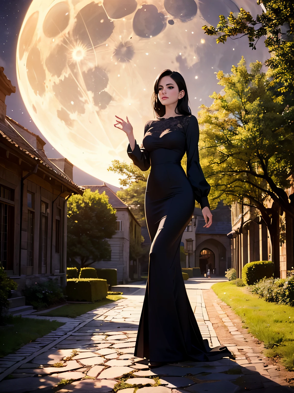 (A girl with black hair walks in the courtyard of a castle on a full moon night), (best quality, 4k, highres, masterpiece:1.2), ultra-detailed, (realistic, photorealistic:1.37), HDR, (crimson, deep blue) color palette, (soft, gentle) lighting, (oil painting, dreamlike) medium, detailed moonlight reflections on the cobblestone ground, intricate architectural details of the castle walls, (flowing, ethereal) gown swaying in the breeze, (mysterious, enchanting) atmosphere, (subtle, delicate) shadows cast by the moon, (whispering, rustling) leaves of ancient trees, (silhouetted, towering) spires reaching towards the night sky, sparkling stars illuminating the scene, muted sounds of the night punctuated by occasional hoots of an owl.