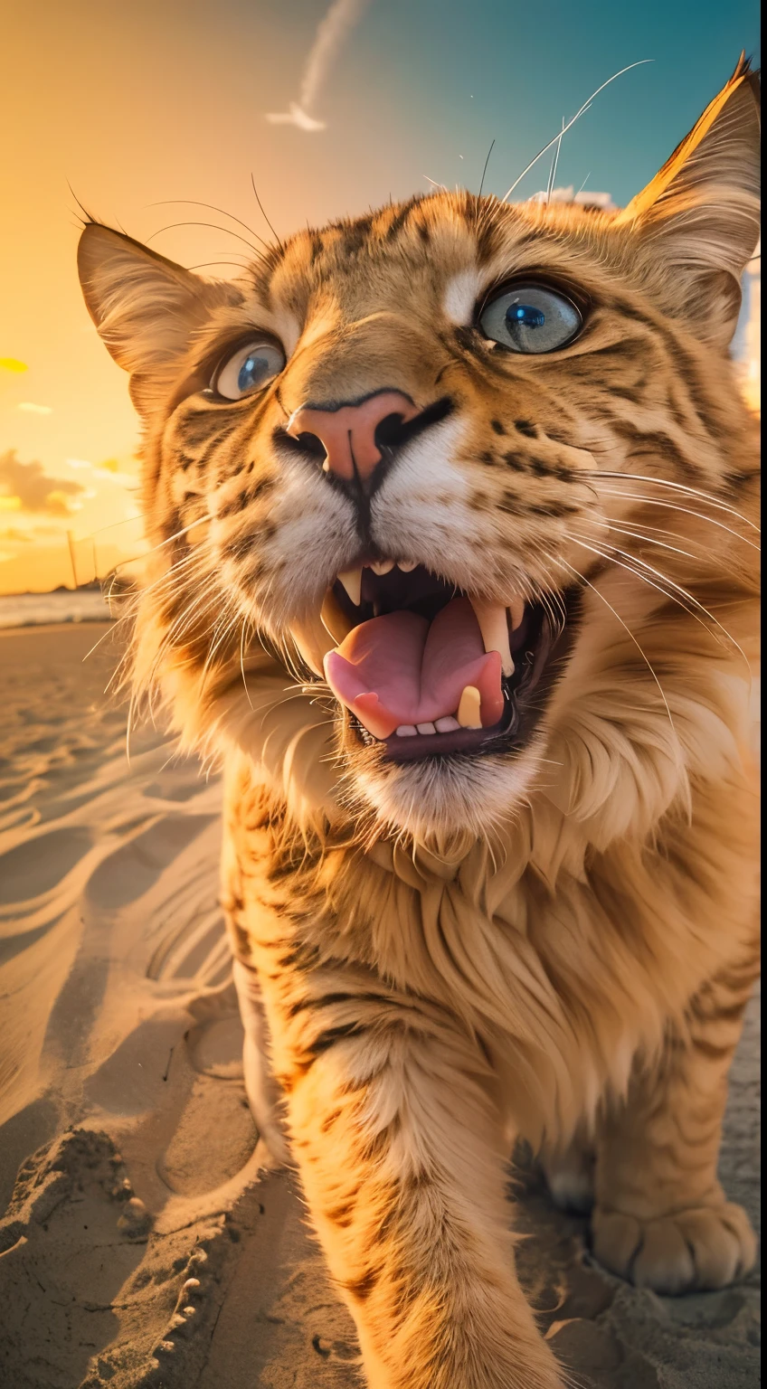 A fluffy big yellow cat takes a selfie on the beach, Sunset, Fisheye lens, Create a shot, Soft color grading, Depth of field cinematography effect, film noir genre, 8k resolution, high quality, Ultra-detailed