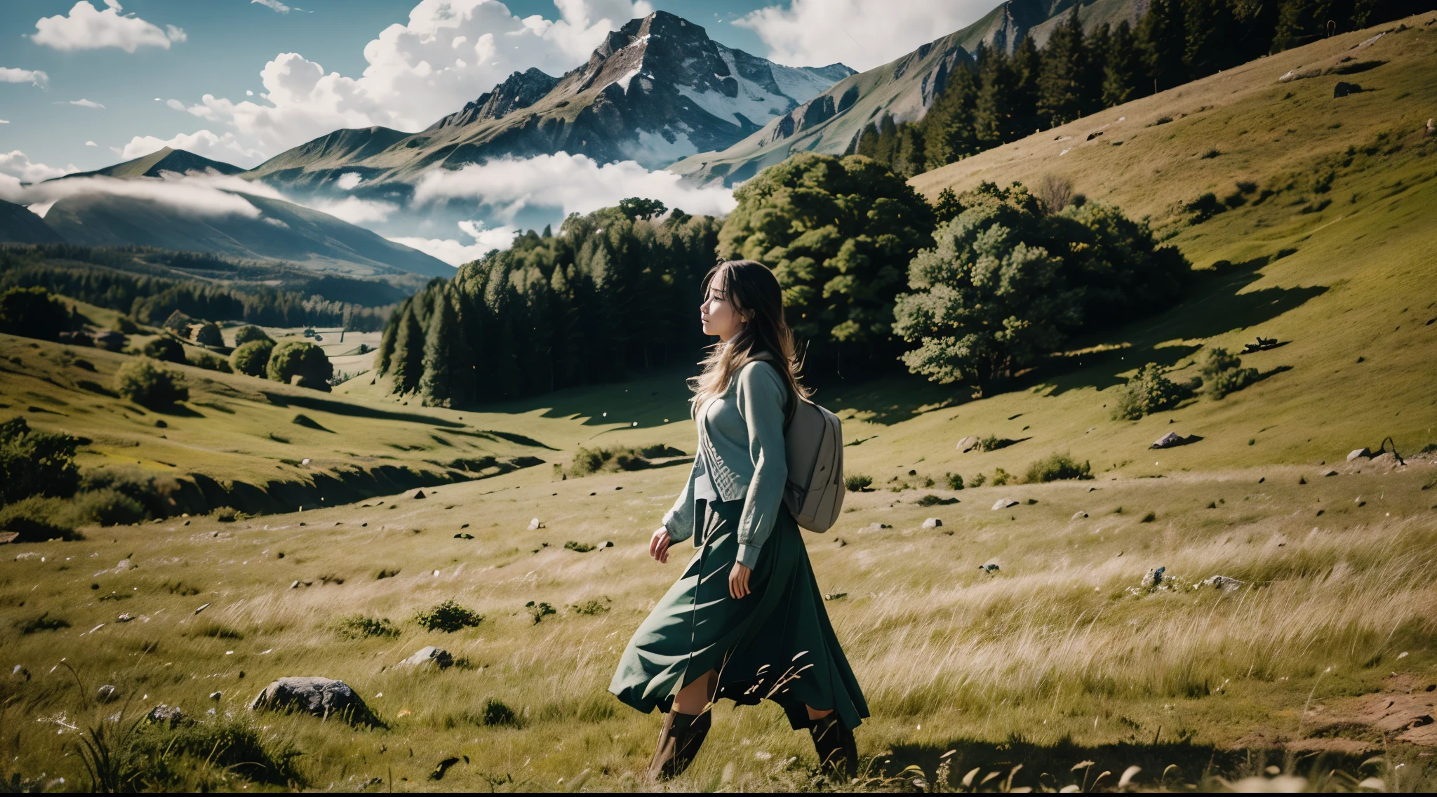 In an outdoor scene, green field of grass, mountains, blue sky, white cloud, a beautiful druid walking casually on the field, detailed face, detailed skin, detailed texture, detailed environment, realistic, photorealisitc, 8K, UHD, wide-angle shot, candid photography,