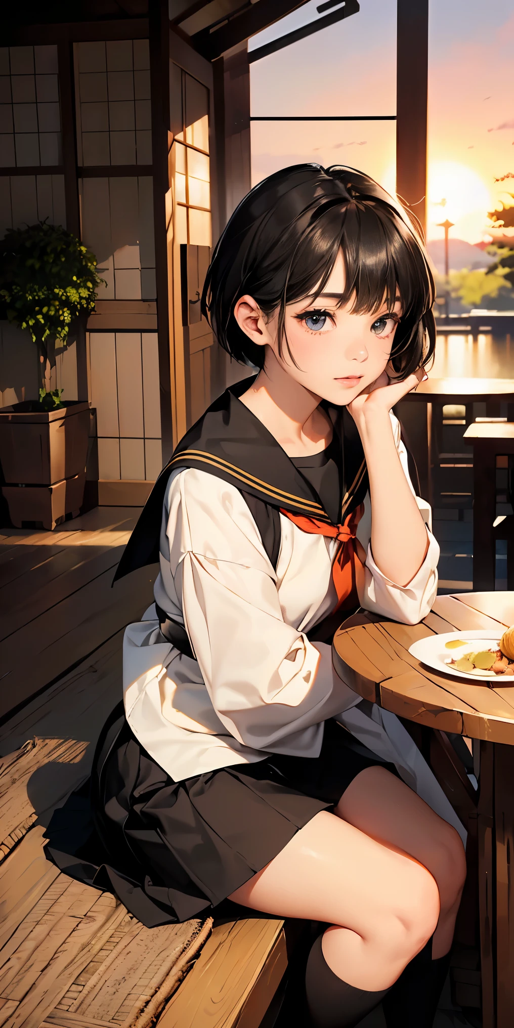 8K, masterpiece, highest quality, ultra high resolution, highest resolution, very detailed, professional lighting, orange light lighting、Backlight、Detailed CG、Low angle from the front、full body shot、Beautiful woman、beautiful eyes、(detailed face and iace:1 2)、narrow eyes、almond eye、brown eyes、gradation eye、highlight:1.2)、(beautiful black hair、long hair、asymmetrical bangs、(plump lips) 、(oval face : 1.4)、(thin fingered arms、detailed human hand)、(table top, highest quality:1.2), nostalgic、wooden warehouse、Scenery with Japanese wooden houses、sitting in veranda、ancient folk house、pine trees、plant、Beautiful Japan garden、The bright red sunset is beautiful、vapor、mist、white breath、full body pose、A girl who blends into the scenery、sitting in a chair、Beautiful woman, small face、white skin、very cute, 17 years old、(fine eyes、bright pupils、gradient eyes:1、細かく描かれたbeautiful eyes:1、symmetrical eyes:1、目の大きなhighlight:1.2)、thin hair、brown eyes)、Breasts are medium in size、(black brown hair、very short hair:1.4)、(black sailor suit、serafuku:1.4)、thin and long legs、beautiful hip line、beautiful spine、constricted back、tight waist、JK black skirt 、pleated skirt、Hip line emphasis、black socks、black stockings、brown eyes,face is a little red, beautiful breasts、Breasts are A cup、shoes are loafers、long hairの枝毛) 、(round face: 1.4)、gentle smile、open your mouth、teeth visible、black knee high socks