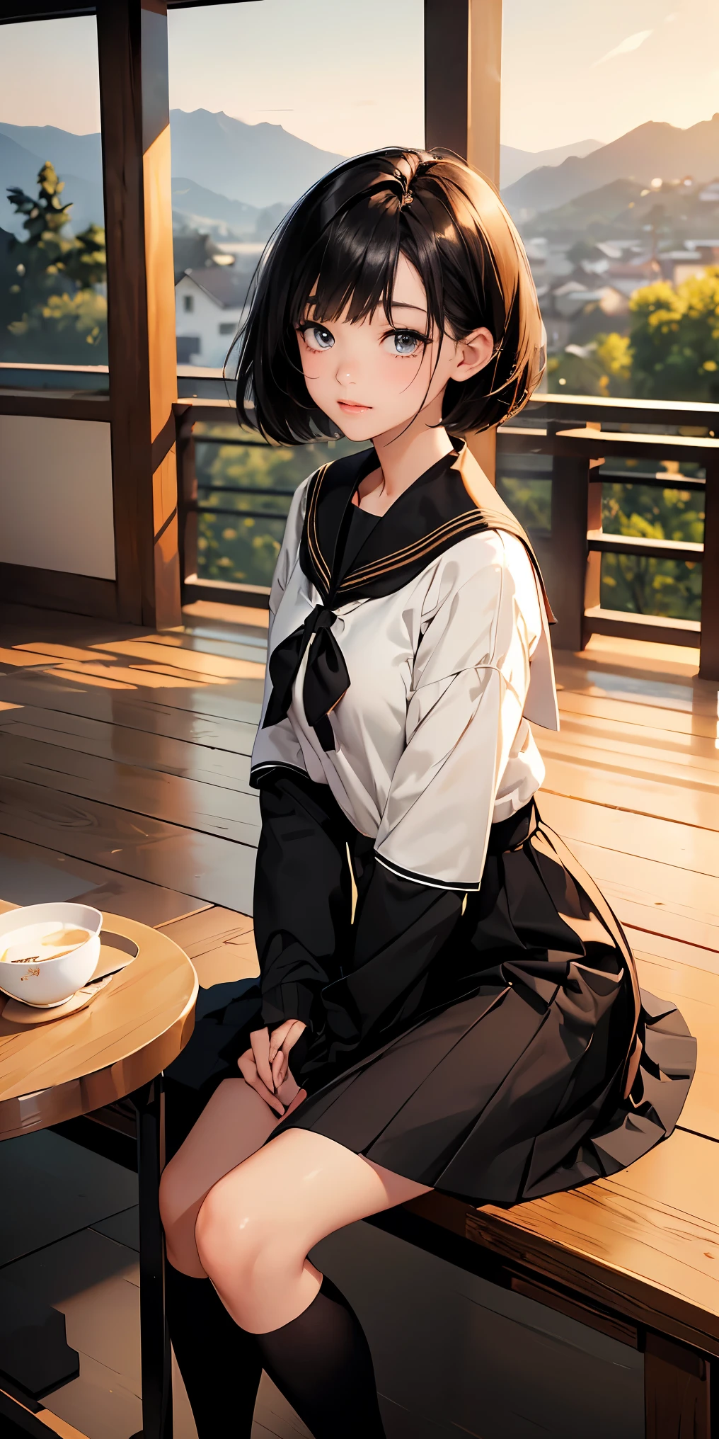 8K, masterpiece, highest quality, ultra high resolution, highest resolution, very detailed, professional lighting, orange light lighting、Backlight、Detailed CG、Low angle from the front、full body shot、Beautiful woman、beautiful eyes、(detailed face and iace:1 2)、narrow eyes、almond eye、brown eyes、gradation eye、highlight:1.2)、(beautiful black hair、long hair、asymmetrical bangs、(plump lips) 、(oval face : 1.4)、(thin fingered arms、detailed human hand)、(table top, highest quality:1.2), nostalgic、wooden warehouse、Scenery with Japanese wooden houses、sitting in veranda、ancient folk house、pine trees、plant、Beautiful Japan garden、The bright red sunset is beautiful、vapor、mist、white breath、full body pose、A girl who blends into the scenery、sitting in a chair、Beautiful woman, small face、white skin、very cute, 、(fine eyes、bright pupils、gradient eyes:1、細かく描かれたbeautiful eyes:1、symmetrical eyes:1、目の大きなhighlight:1.2)、thin hair、brown eyes)、Breasts are medium in size、(black brown hair、very short hair:1.4)、(black sailor suit、serafuku:1.4)、thin and long legs、beautiful hip line、beautiful spine、constricted back、tight waist、JK black skirt 、pleated skirt、Hip line emphasis、black socks、black stockings、brown eyes,face is a little red, beautiful breasts、Breasts are A cup、shoes are loafers、long hairの枝毛) 、(round face: 1.4)、gentle smile、open your mouth、teeth visible、black knee high socks