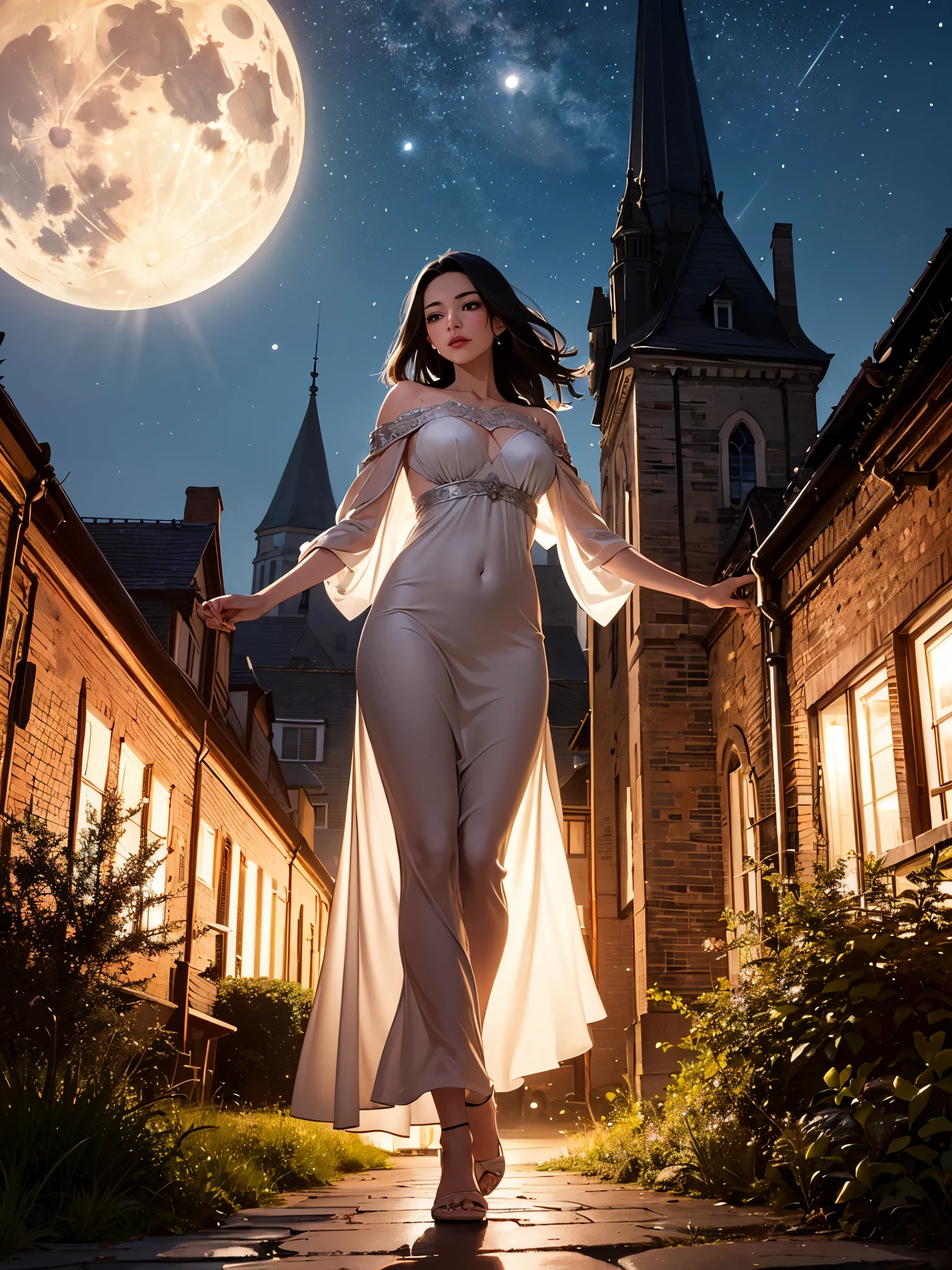 (A girl with black hair walks in the courtyard of a castle on a full moon night), (best quality, 4k, highres, masterpiece:1.2), ultra-detailed, (realistic, photorealistic:1.37), HDR, (crimson, deep blue) color palette, (soft, gentle) lighting, (oil painting, dreamlike) medium, detailed moonlight reflections on the cobblestone ground, intricate architectural details of the castle walls, (flowing, ethereal) gown swaying in the breeze, (mysterious, enchanting) atmosphere, (subtle, delicate) shadows cast by the moon, (whispering, rustling) leaves of ancient trees, (silhouetted, towering) spires reaching towards the night sky, sparkling stars illuminating the scene, muted sounds of the night punctuated by occasional hoots of an owl.