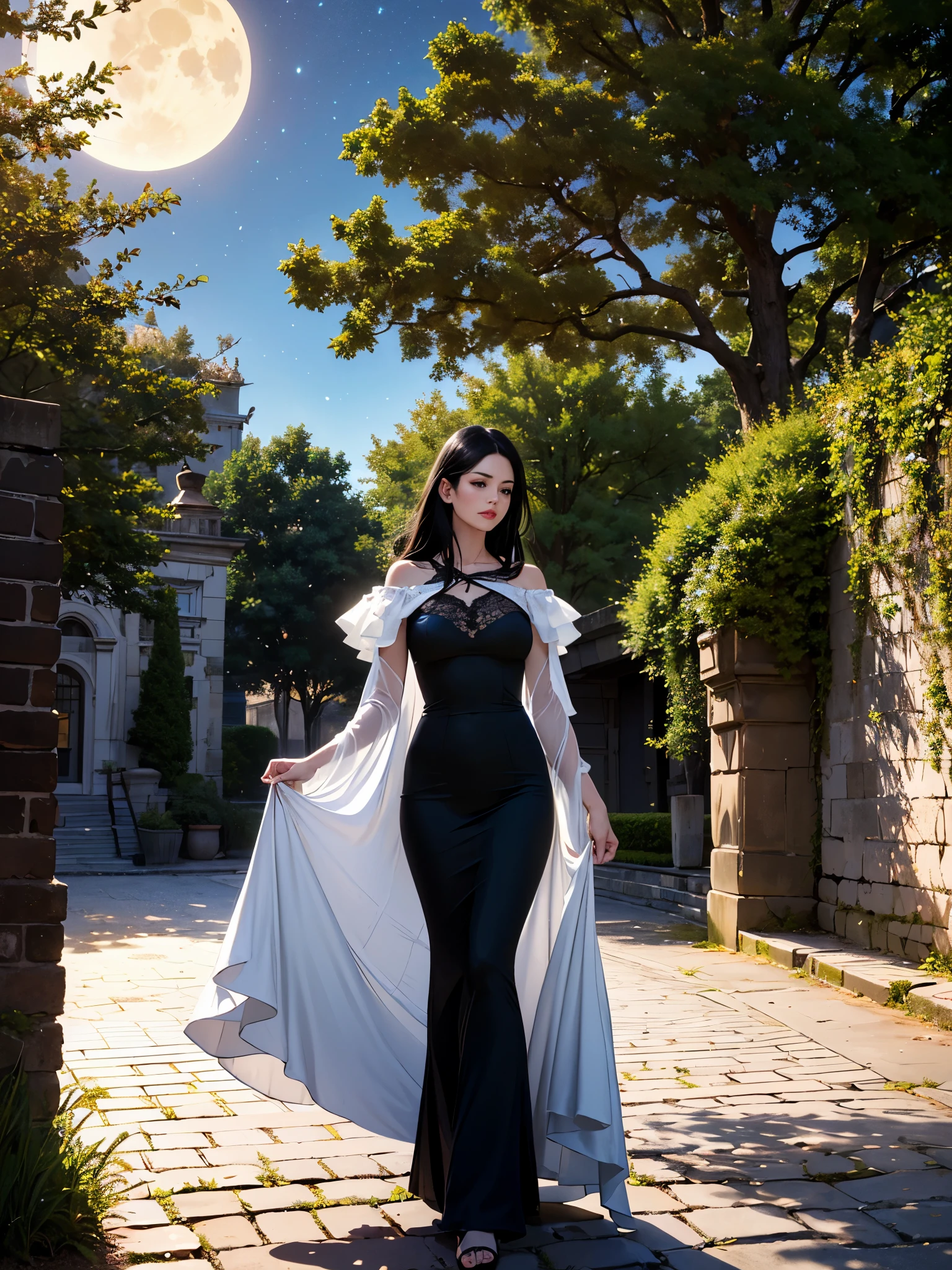 (A girl with black hair walks in the courtyard of a castle on a full moon night), (best quality, 4k, highres, masterpiece:1.2), ultra-detailed, (realistic, photorealistic:1.37), HDR, (crimson, deep blue) color palette, (soft, gentle) lighting, (oil painting, dreamlike) medium, detailed moonlight reflections on the cobblestone ground, intricate architectural details of the castle walls, (flowing, ethereal) gown swaying in the breeze, (mysterious, enchanting) atmosphere, (subtle, delicate) shadows cast by the moon, (whispering, rustling) leaves of ancient trees, (silhouetted, towering) spires reaching towards the night sky, sparkling stars illuminating the scene, muted sounds of the night punctuated by occasional hoots of an owl.