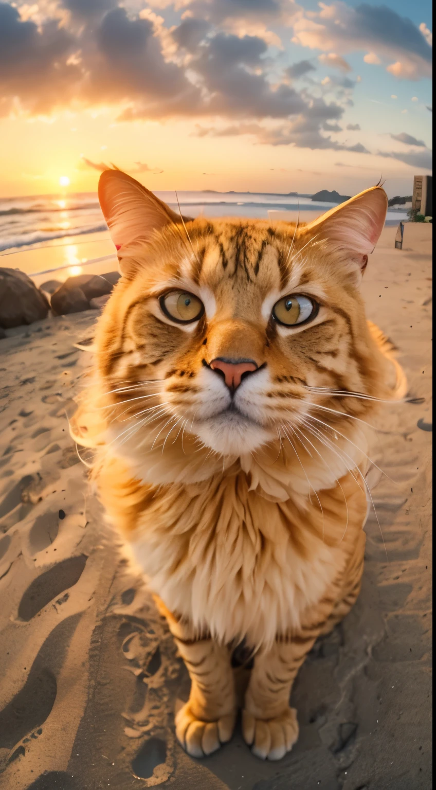 A fluffy big yellow cat takes a selfie on the beach, Sunset, Fisheye lens, Create a shot, Soft color grading, Depth of field cinematography effect, film noir genre, 8k resolution, high quality, Ultra-detailed