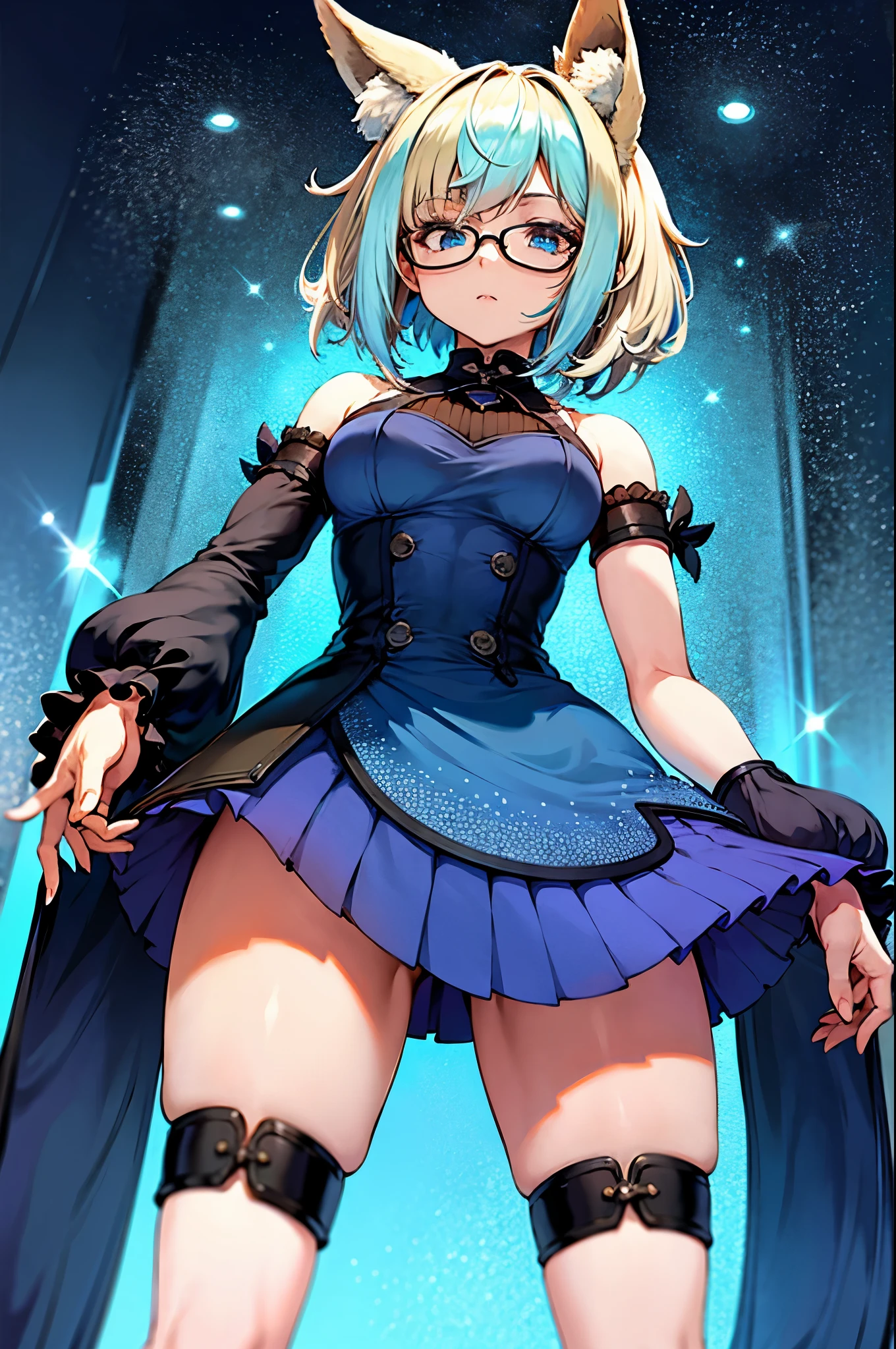 profile photo, ung girl, blue strand of hair in the middle of the head hair, blonde and blue hair, shiny and silky hair, short HAIR, Amazing hair, She is wearing glasses, She has fox ears, wearing glass, green and blue eyes, wearing a skirt, 16k, master piece, very high resolution, 8k, DETAILED TEXTURE, DETAILED BODY TEXTURE IN HIGH DEFINITION, vtuber style