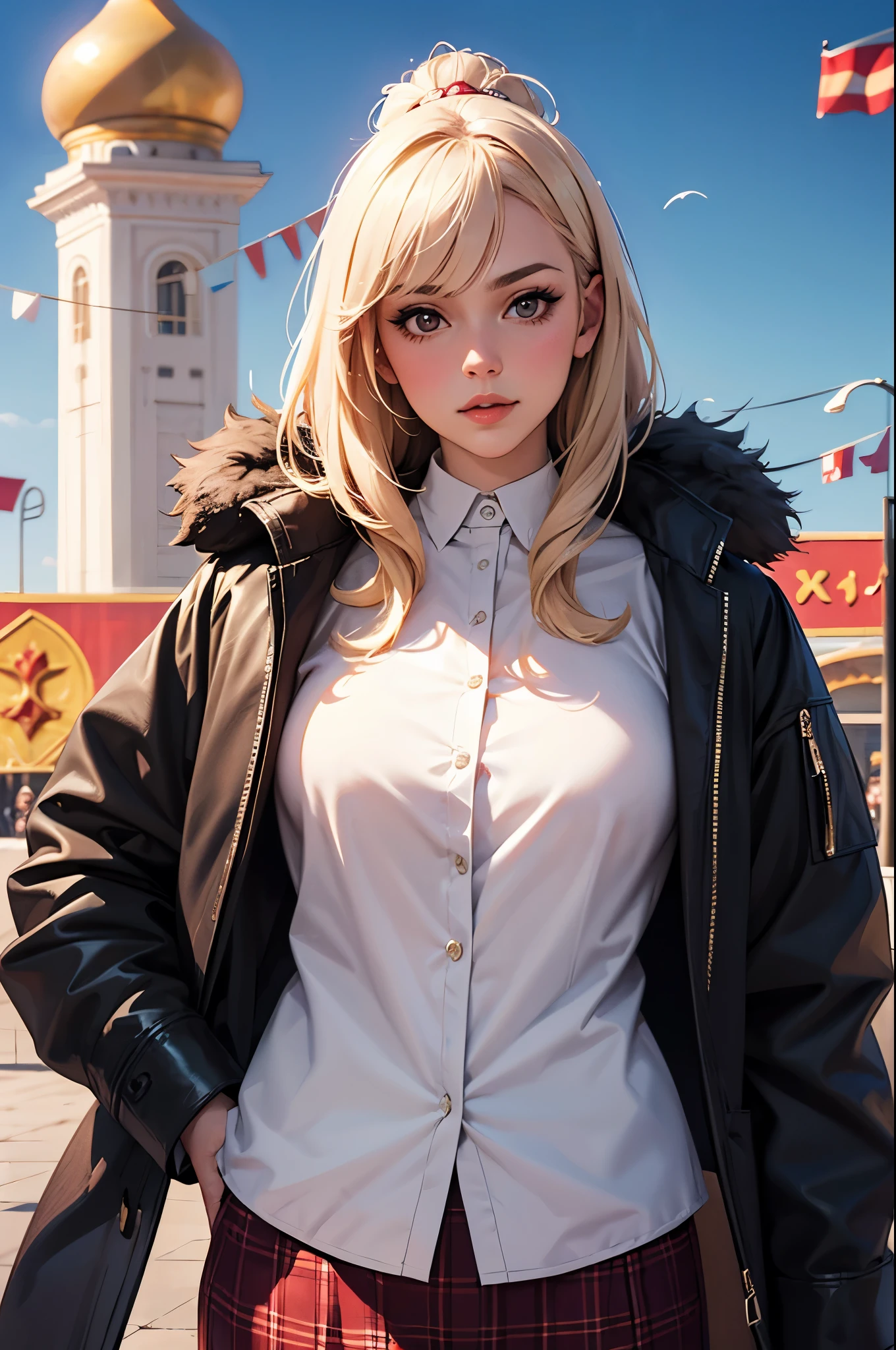 1girl, plaid shirt, fur coat, Kremlin Palace background, outdoo, beehive,best quality, ultra high res, photorealistic,
