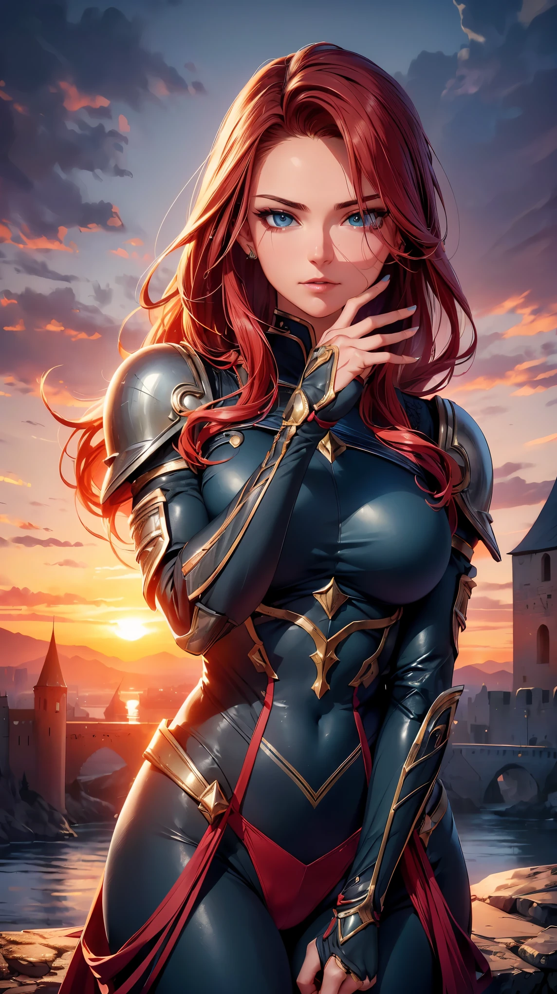 (8k, RAW photo, 最high quality, masterpiece:1.2), High-definition RAW color photo, Professional photography, cinematic light, alone, ((hero girl)), Executioner, portrait of a hero, Beautiful large sword, armor, and gauntlets with extremely delicate workmanship, An illustration、(Red hair, blue colored eyes, long straight hair), (beautiful breasts), (slim body shape:1.4), Highly detailed face and skin texture, Details of thin face and eyes, flowing hair, A strong and determined look, ((Beautiful sunset background, Otherworldly scenery, Background of the old castle:1.2)), 最high quality, Super detailed, bright colors, dramatic lighting, heroic pose, HDR, sharp focus, staring eyes, beautiful skin, shiny skin, deep shadows and highlights, (((perfect fingers, five fingers, anatomically correct))), background bokeh, high quality, bright colors, award winning photography, Realistic light and shadow with attention to detail, Immersive 3D rendering, Professional 3D artistry,