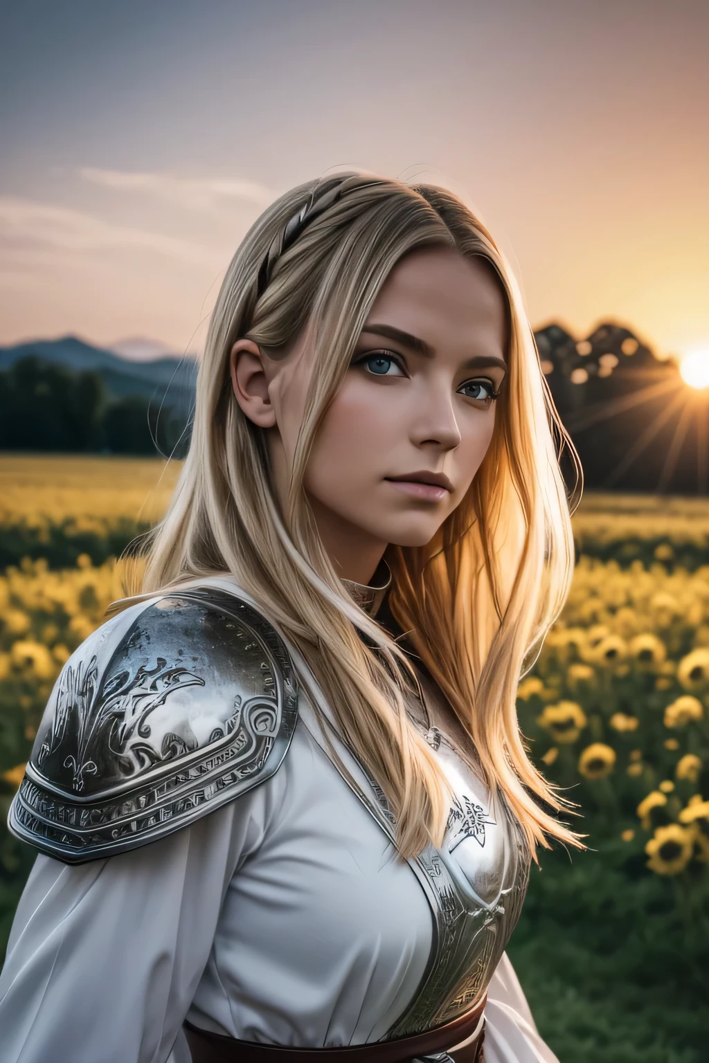 (Meisterwerk), (extremely complicated:1.3), (Realistisch), Portrait of a girl, the most beautiful thing in the world, 37 Jahre alt, Happy, Blonde Haare, kleine Augenfalten, raue Haut, (medieval armor), (eleganten Kopfschmuck), (elegante Ohrringe), Metallreflexionen, upper body, outside, intensives Sonnenlicht, weit entferntes Schloss, Professionelles Foto einer atemberaubenden Frau im Detail, scharfer Fokus, dramatisch, award-winning, filmische Beleuchtung, volumetrie dtx, (Filmkorn, verschwommener Hintergrund, verschwommener Vordergrund, depth of field, Sonnenuntergang, Motion blur:1.3), Kettenhemd