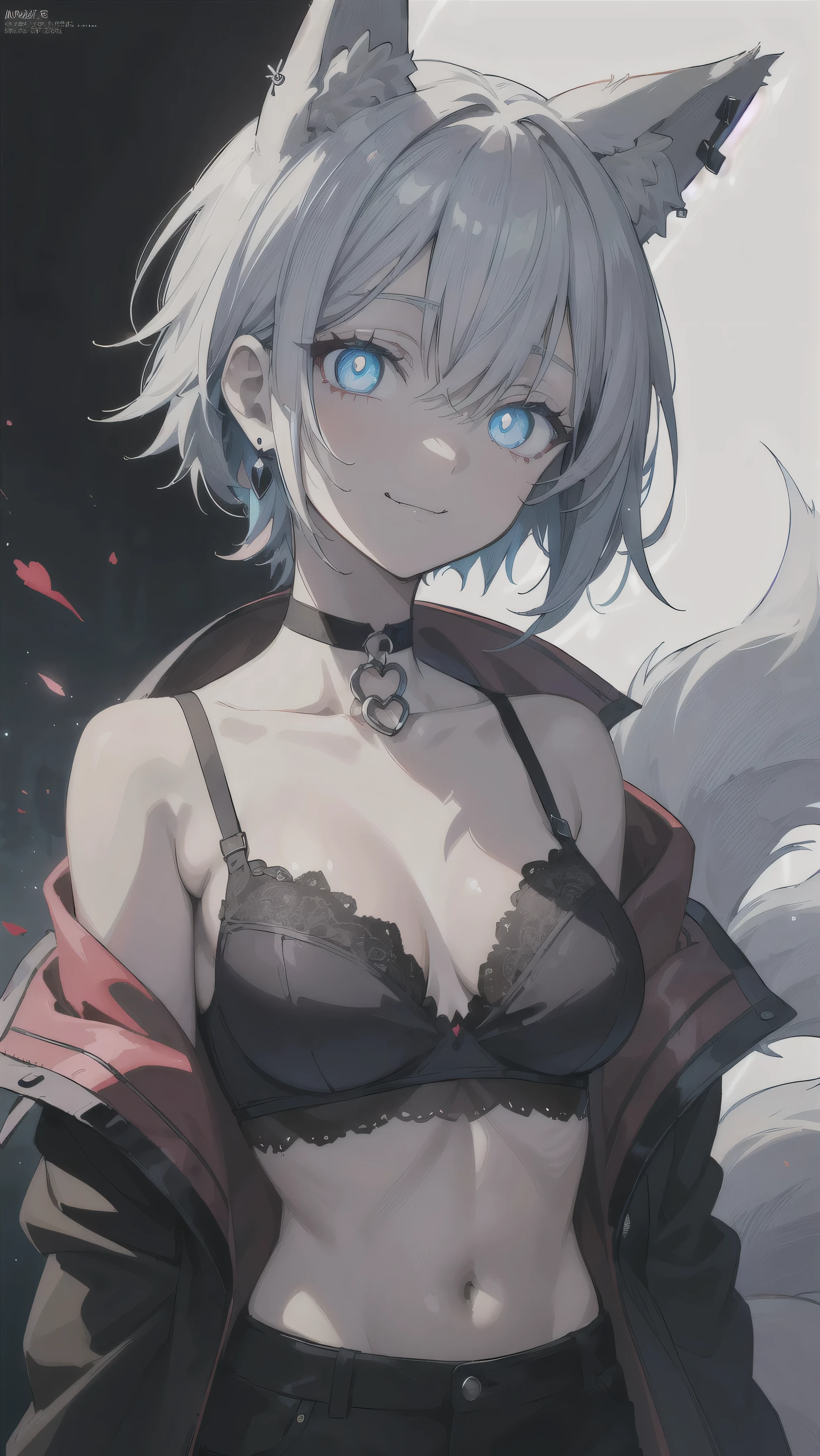 ((Kitsune)), anime girl with long gray hair and blue eyes in a black bra, seductive anime girl, beautiful anime girl, fine details. girls frontline, attractive anime girl, detailed digital anime art, small curvy , pretty anime girl, perfect white haired girl, beautiful alluring anime woman, smooth anime cg art, 4 k manga wallpaper, from girls frontline, ((Fox Ears)), ((Fox Tail)), (nine tails), (((best quality, tall girl, (skin indentation), (blur background:0.6), (casual yet stylish, ((Fox Eyes)), ), gorgeous, (short hair:1.5), soft lighting, wind, (front light:1.5), surprised, choker, smile, jewelry, earrings, Casual clothes))), (ultra high res, best quality,), (8k, raw photo, best quality, masterpiece), technological sense, best quality, masterpiece, illustration,CG ,unity ,wallpaper, official art, Amazing, finely detail, an extremely delicate and beautiful,extremely detailed, highly detailed, sharp focus,rich background, (real person,photograph), ((high detailed skin)), ((( , (crazy eyes:1.3), (wide-eyed:1.2), (glowing eyes), (animal like) ))), (((a close up of a person with a weird face and nails, gothic maiden anime girl, gothic - cyberpunk, cyberpunk horror style, gothic art style, detailed digital anime art, gothic art, demon anime girl, gothic girl face, anime style 4 k, dark art style, anime cyberpunk art, gothic aesthetic, 18 - year - old anime goth girl, gothic horror vibes)))