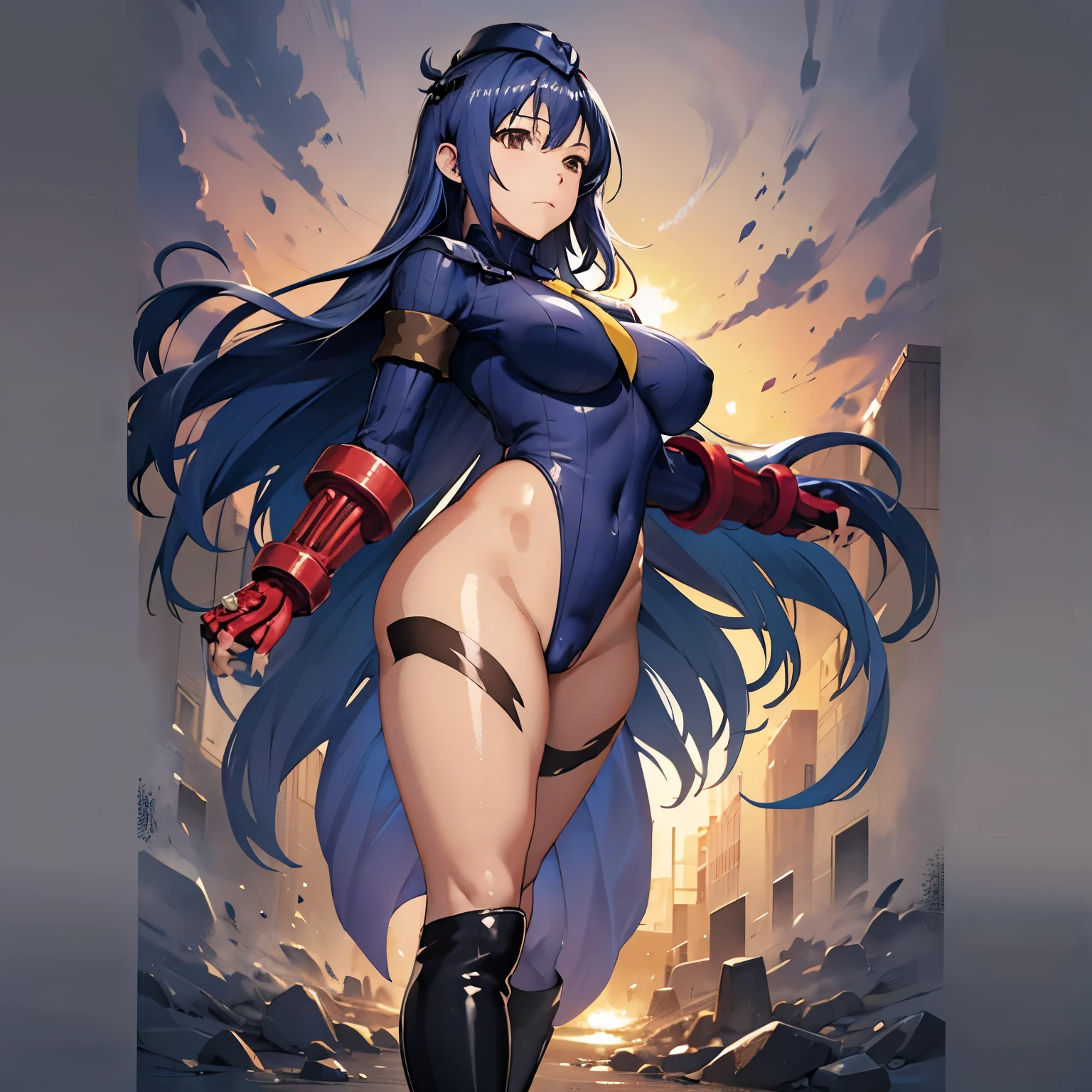 ultra-detailed, Explicit, Beautiful body, Beautiful Nose, Beautiful character design, perfect eyes, perfect face, ultra highres, 4K, beautiful legs, perfect legs, Nice hands, Perfect hand, Masterpiece, Best Quality, Highly detailed, illustration, absurdres, perfect anatomy, street fighter, doll suit, shadaloo doll, dollsuit, expressionless, blank eyes, looking at viewer, red gloves, emotionless, black latex, corrution, mind control, female combatant, full body, hypnotized, unhappy trance, full body suit, ribbed bodysuit, both arms at side, obey, perfect female body, extremely glossy latex, hypnosis, hypnoLora, empty eyes, Mind control device, poses, submissive_pose, Slave, standing straight, standing, standing at attention, hat, necktie, belt, latex, ribbed bodysuit, thighhighs, garter belt, Fighting Stance, extending the right arm from the shoulder into the air with a straightened hand, military, thigh boots, 1girl, hair ornaments, blue hair, very long hair, brown eyes, (((pixel-perfect, detail-perfect))), solo, 1girl, Nijou Aki, Maken-ki!, mature, large breast