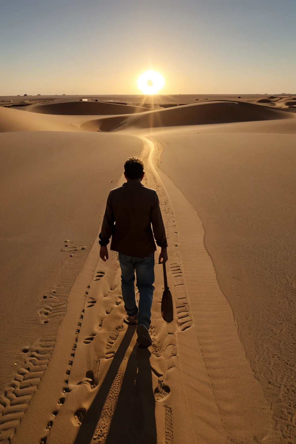 A young man, around 25 years old, with short brown hair, walks alone in a barren desert. The sun sets behind him, casting long shadows on the sandy ground. He wears a simple white shirt, revealing tanned and lean shoulders. His eyes, a deep brown, are focused on the horizon, showing determination and resilience. With each step, he leaves behind faint footprints in the sand, as if etching his journey into the arid landscape. The scene is realistic, with the fine grains of sand and the rough texture of the man's clothing, captured in extreme detail. The sunlight reflects off his forehead, highlighting the pores on his skin and the stubble on his jaw