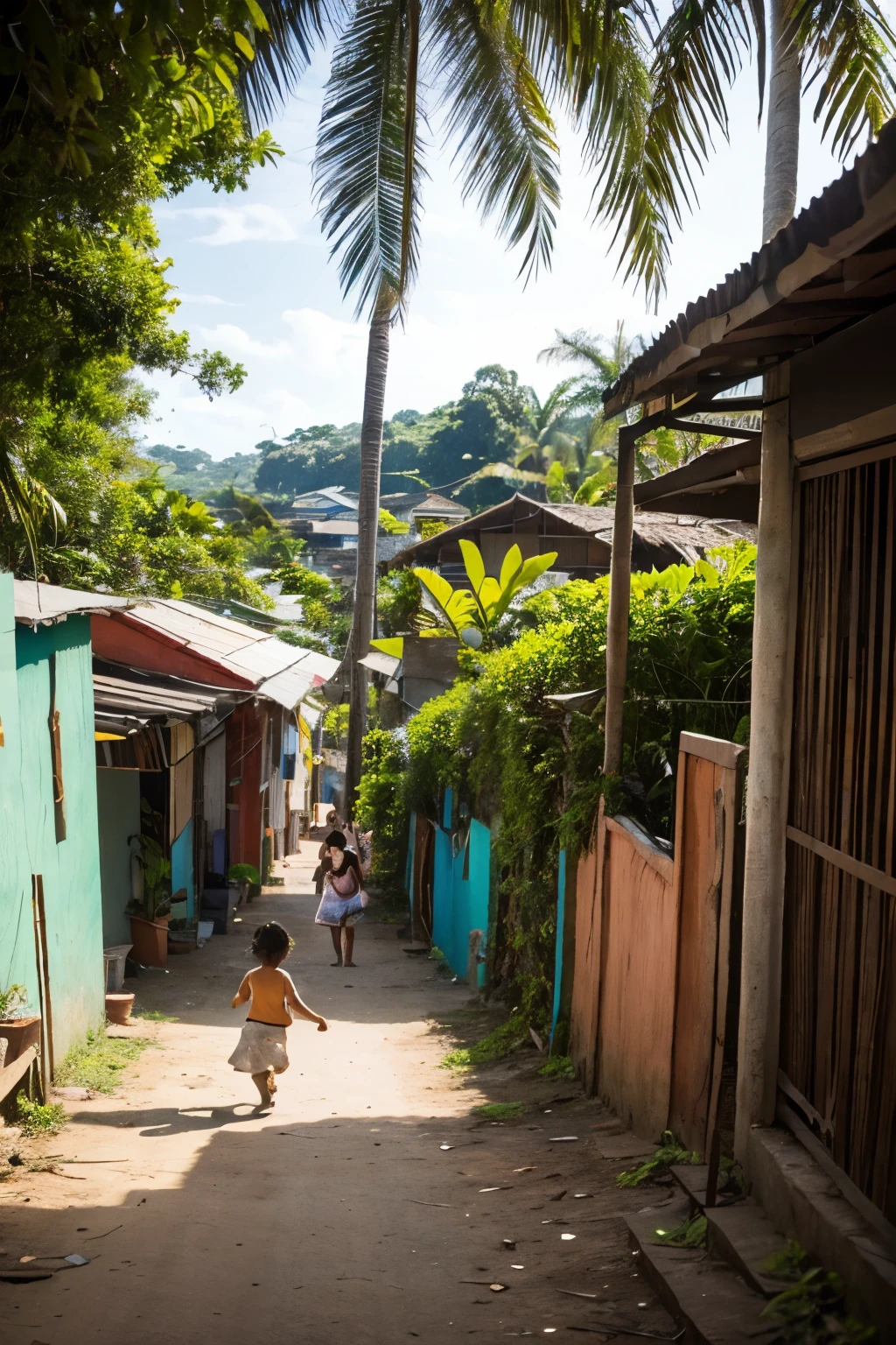 "Design a captivating scene that depicts three children exploring and playing in a favela in the Amazon region. On the scene, highlight the houses built amid lush vegetation, with palm trees and tropical trees around. The children, representing the cultural diversity of the region, devem estar sorrindo e carregando brinquedos improvisados, enquanto caminham pelas vielas estreitas e coloridas da favela.
Incorporate elements that highlight community life, como roupas coloridas estendidas em varais, small home gardens and local pets. Adicione detalhes que enfatizem a vitalidade e a alegria, como grafites coloridos nas paredes das casas, indicative of artistic expression that flourishes even in challenging environments.
Por fim, capture the unique atmosphere of the Amazon region, including the lush green vegetation, aves tropicais e outros elementos que ressaltem a riqueza cultural e natural desse contexto. This design must convey resilience, the joy and vitality present in children's communities in the Amazon region."