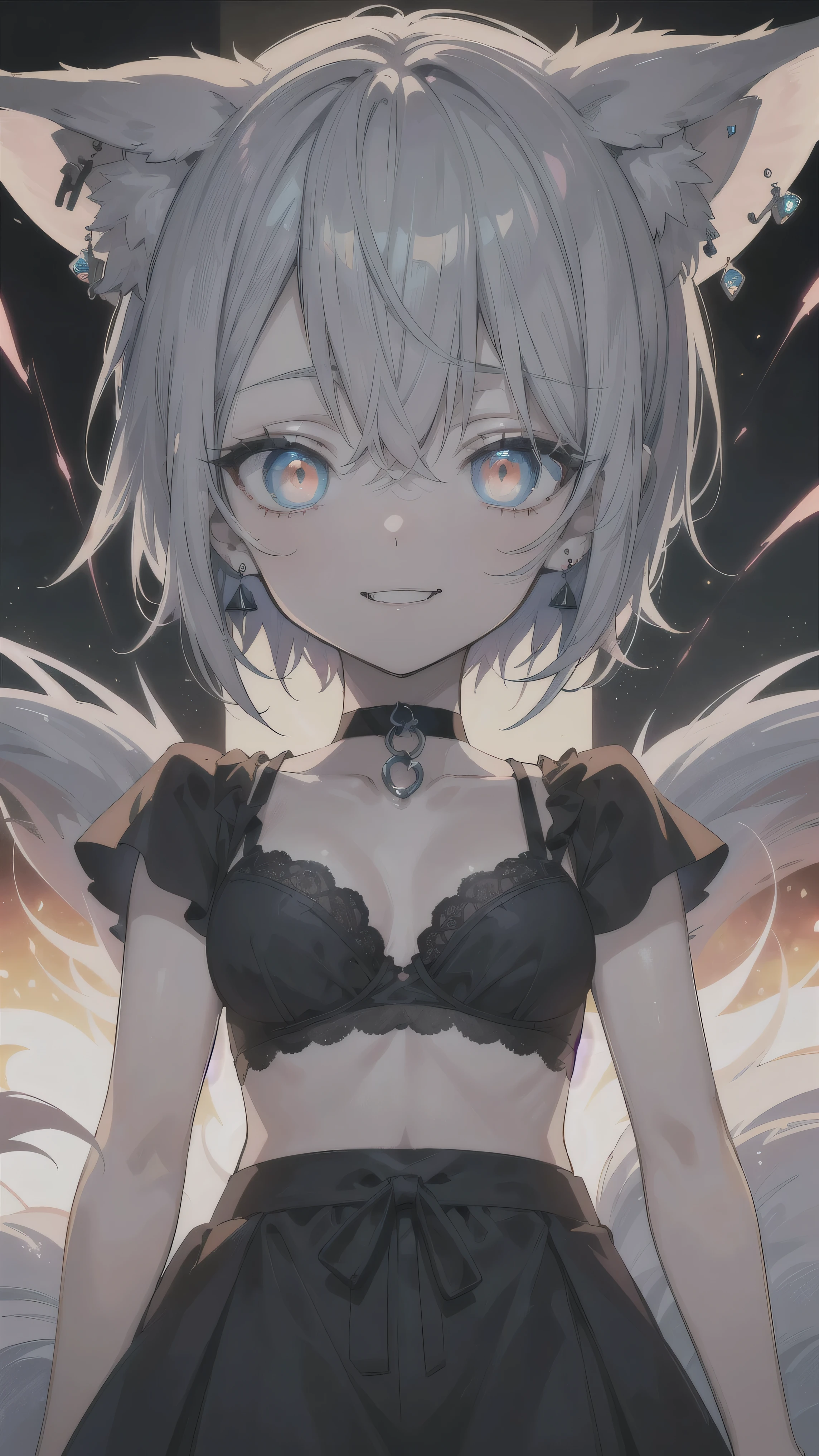 ((Kitsune)), anime girl with long gray hair and blue eyes in a black bra, seductive anime girl, beautiful anime girl, fine details. girls frontline, attractive anime girl, detailed digital anime art, small curvy , pretty anime girl, perfect white haired girl, beautiful alluring anime woman, smooth anime cg art, 4 k manga wallpaper, from girls frontline, ((Fox Ears)), ((Fox Tail)), (nine tails), (((best quality, tall girl, (skin indentation), (blur background:0.6), (casual yet stylish, ((Fox Eyes)), ), gorgeous, (short hair:1.5), soft lighting, wind, (front light:1.5), surprised, choker, smile, jewelry, earrings, Casual clothes))), (ultra high res, best quality,), (8k, raw photo, best quality, masterpiece), technological sense, best quality, masterpiece, illustration,CG ,unity ,wallpaper, official art, Amazing, finely detail, an extremely delicate and beautiful,extremely detailed, highly detailed, sharp focus,rich background, (real person,photograph), ((high detailed skin)), ((( , (crazy eyes:1.3), (wide-eyed:1.2), (glowing eyes), (animal like) ))), (((a close up of a person with a weird face and nails, gothic maiden anime girl, gothic - cyberpunk, cyberpunk horror style, gothic art style, detailed digital anime art, gothic art, demon anime girl, gothic girl face, anime style 4 k, dark art style, anime cyberpunk art, gothic aesthetic, 18 - year - old anime goth girl, gothic horror vibes)))