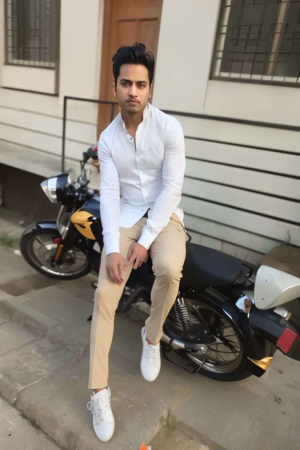 there is a man sitting on a motorcycle in front of a building, stylish pose, without helmet, very artistic pose, taken with sony alpha 9, full body photogenic shot, dressed in a jodhpuri suit, with a cool pose, cool pose, inspired by Saurabh Jethani, handsome man, candid picture, artistic pose, full body picture, with lovely look