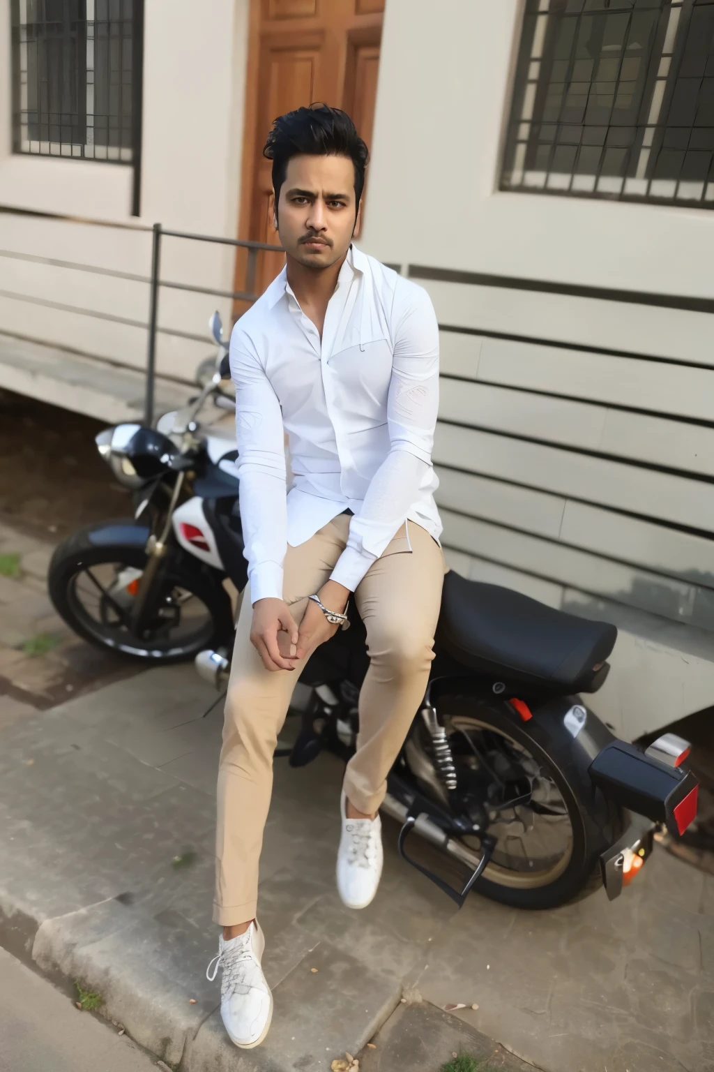 there is a man sitting on a motorcycle in front of a building, stylish pose, without helmet, very artistic pose, taken with sony alpha 9, full body photogenic shot, dressed in a jodhpuri suit, with a cool pose, cool pose, inspired by Saurabh Jethani, handsome man, candid picture, artistic pose, full body picture, with lovely look
