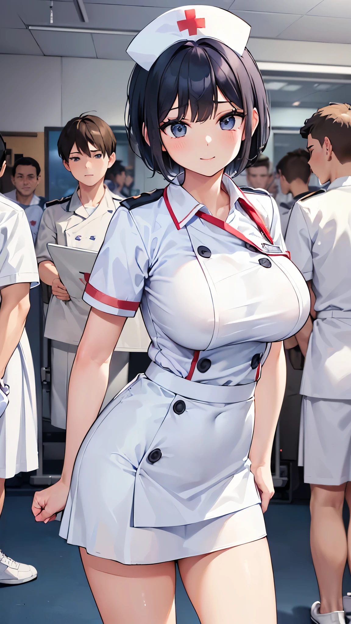 masterpiece, high quality, ultra detailed, 1woman, mature female, (upper body, body forward:1.4), (the woman standing in Health room, the woman holding a medical chart, contrapposto, Health check at the health room:1.4), 1woman, ((huge breasts)), (dark blue short hair:1.4), smile, the woman's outfit:(white nurse uniform, short sleeves, white skirt, white skirt, nurse cap:1.4), indoors, (Health room, crowd of boys lining up, crowd of boys wearing short pants:1.4)