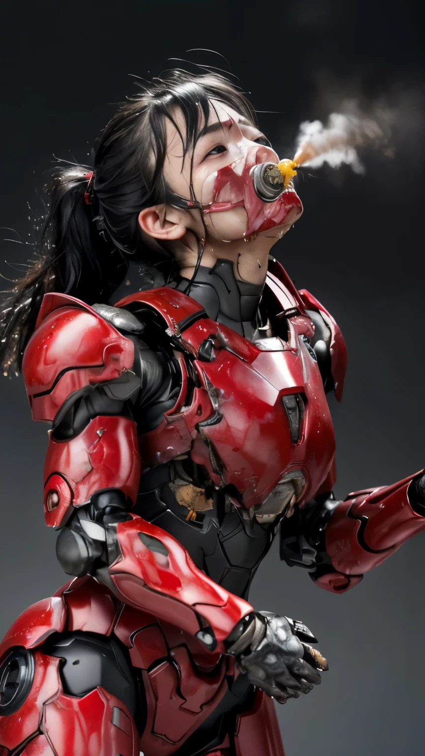 rough skin, Super detailed, advanced details, high quality, 最high quality, High resolution, 1080p 、Bleeding from the wound、red armor、Wearing red and black、cute((severe damage to the whole body))(Wearing a female robot suit covered in scars...)(red armor)(broken armor)black hair、Glasses、Chiquita、soaking wet、open your mouth、sweaty face、It hurts again、cute、knock down、Drooling from the mouth、Female college student　　(Steam coming out of the face) ((Steam comes out from all over the body)) 　touch the vagina　Drool　look up　suffering　　sm turn your butt　gas mask　full face　open your eyes wide　looking back　