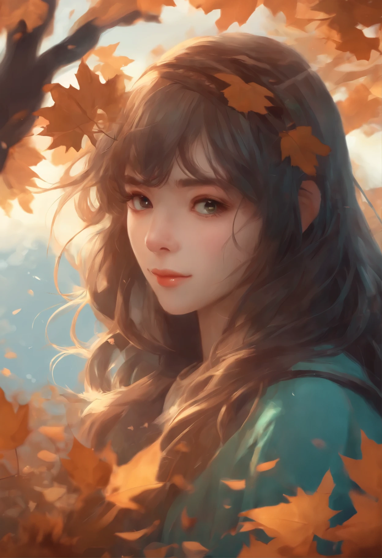 A girl in an anime artwork,(best quality,highres,masterpiece:1.2),with a cinematic lighting and delicate colors, surrounded by falling leaves:1.2. The atmosphere is enhanced with calm lighting, wind, and mist. The color scheme is dominated by turquoise and delta shadows. In the background, there is a discord flag waving gently.