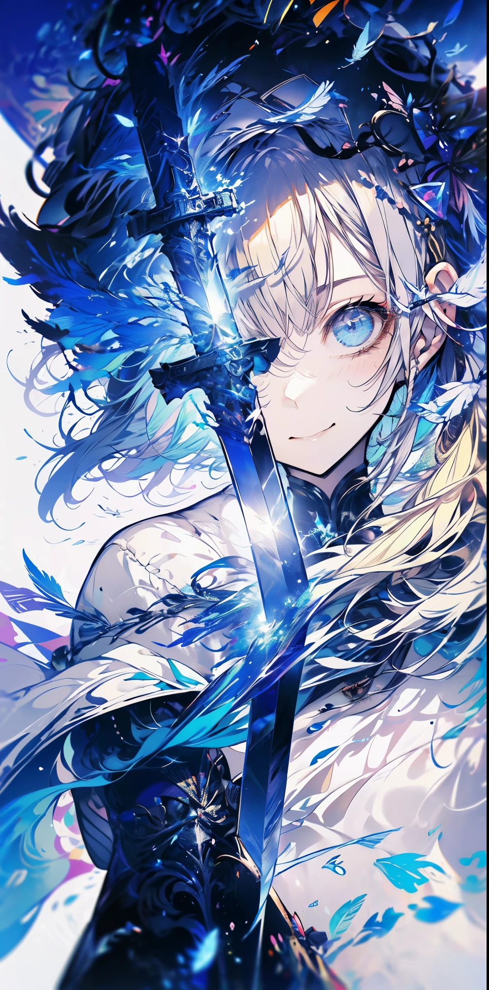 (official art、best quality、Unity 8k wallpaper、32k、​Masterpiece、Super detailed、ultra high resolution、realistic、Realism、very funny:1.2)、(Cinema lighting:1.2)、fire effect、film particles、best shade、edge lighting、side lights、(Super detailed且复杂的 3D 渲染)、细致beautiful face庞和眼睛、sharp pupils、realistic学生、A slender one女人、medium bust、(whole body:1.2)、 beautiful face、16 year old beautiful girl、(Super fine skin、Detailed skin texture:1.3)、(silver blonde、Blue-silver hair:1.3)、Paladin、long hair、blunt bangs、green eyes、3 braids 1 bundle、(blue armor、blue boots、Blue helmet、set with precious stones、gold embroidery)、A slender one、long skirt、(Big :0.8)、(Chis、in the house、Stained glass of art、Large pipe organ、Hello、mystery、A lot of feathers floating、angelic、light particles、serious、Sunshine is、Colorful、fantastic:1.2)、(fantastic:1.3)、(Holding the Holy Sword:1.4)、fantastic、smile smile