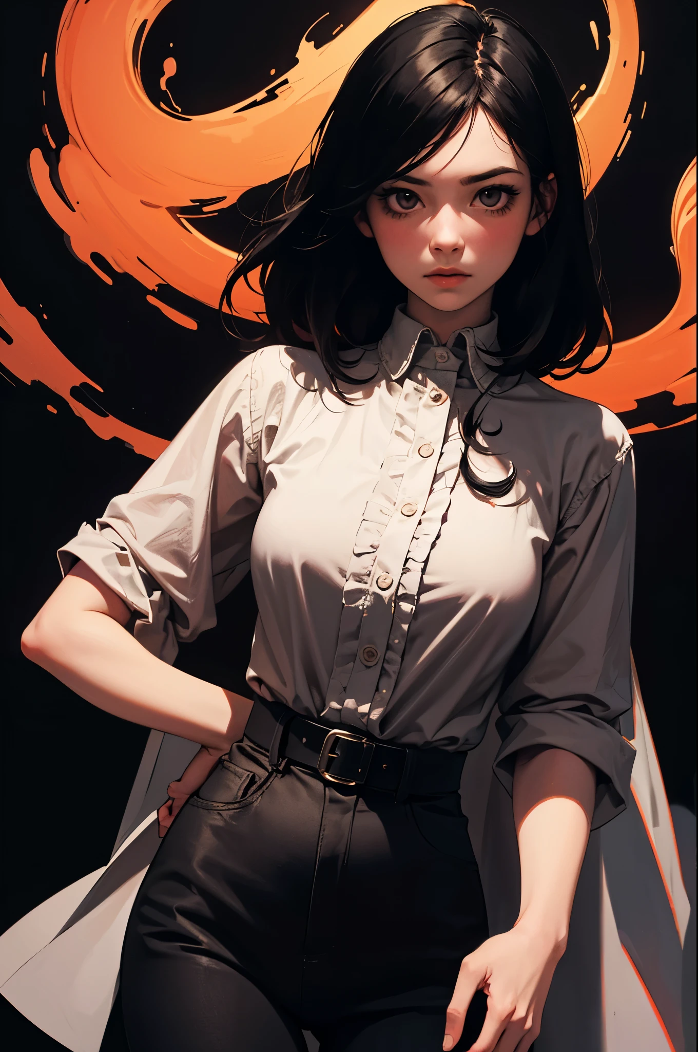 Polychrome, 1girl, night, dark, black hair, looking at viewer, upper body, facing viewer, limited palette, black background, glowing,