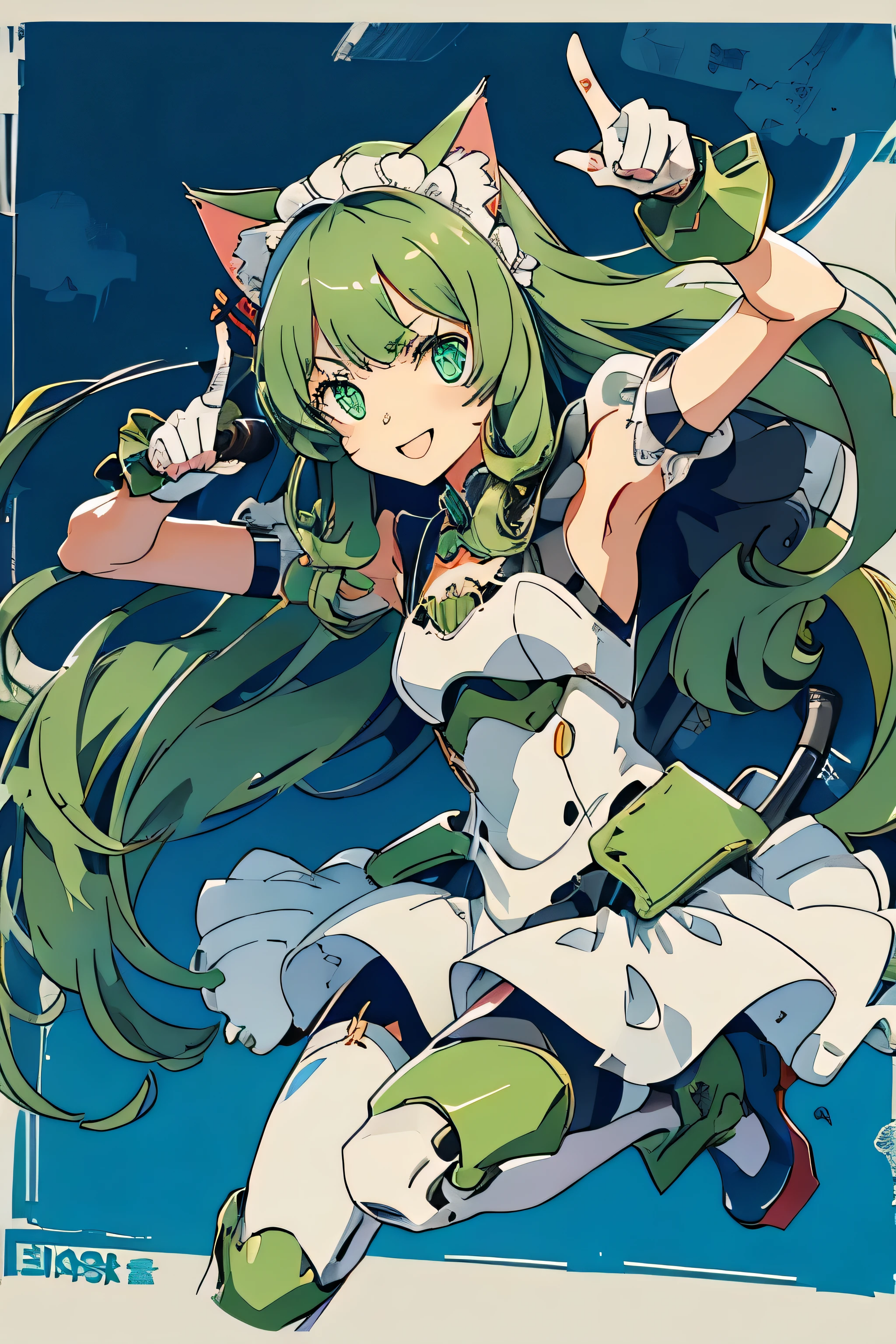 1 Cat-eared maid wearing a mecha suit, Slender fuselage,shining eyes, ((cool pointing pose)),((I have a karaoke microphone)),camouflage, green and white body,((cat ears long hair)),battlefield concept art ,ink art, flat color, high contrast, fashion absurdity, highest quality, negative space,Against the background of blue sky and white clouds,With a big smile,