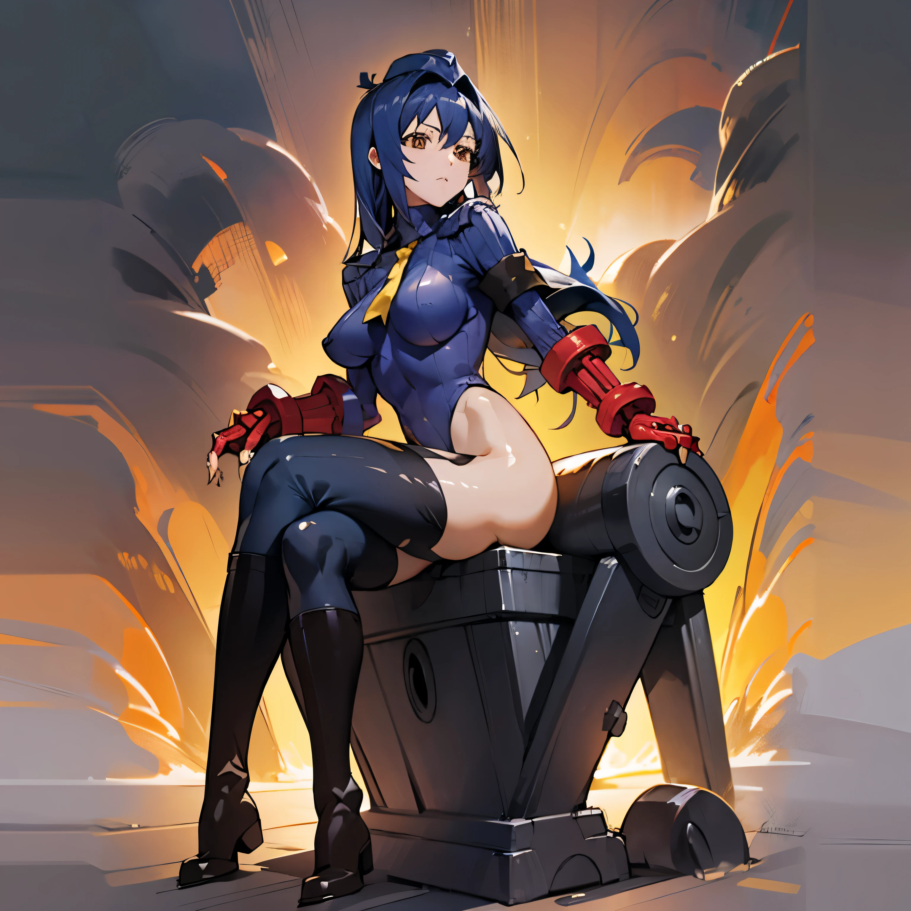 haveรายละเอียดมาก, clear, beautiful body, Beautiful nose, Beautiful character design, perfect eyes, perfect face, very high, 4k, Beautiful legs, perfect legs, good hand, perfect hand, Masterpiece, best quality, haveรายละเอียดสูง, illustration, nonsense, perfect anatomy, street fighter, doll set, Chadaloo Doll, doll set, expressionless, ดวงempty eyes, look at viewer, red gloves, Emotionless, black Latex, corruption, mind control, female warrior, full body, hypnotized, ความมึนงงที่ไม่haveความสุข, full body suit, ชุดบอดี้สูทแบบhaveจั๊ม, Both arms are at the sides., obey, perfect woman's body, extremely glossy Latex, hypnosis, Hipnolora, empty eyes, mind control device, Poses, give up_Pose, slave, sit down straight, sit down, sit down at attention, have, necktie, belt, Latex, ชุดบอดี้สูทแบบhaveจั๊ม, thigh high, garter belt, fighting posture, Extend your right arm away from your shoulder into the air with your hand straight., soldier, Ankle boots, 1 girl, hair accessories, blue hair, My hair is very long., brown eyes, (((pixel perfect, perfect details))), alone, 1 girl, Nijo who?, Maken-ki!, mature, big breast, cross your legs