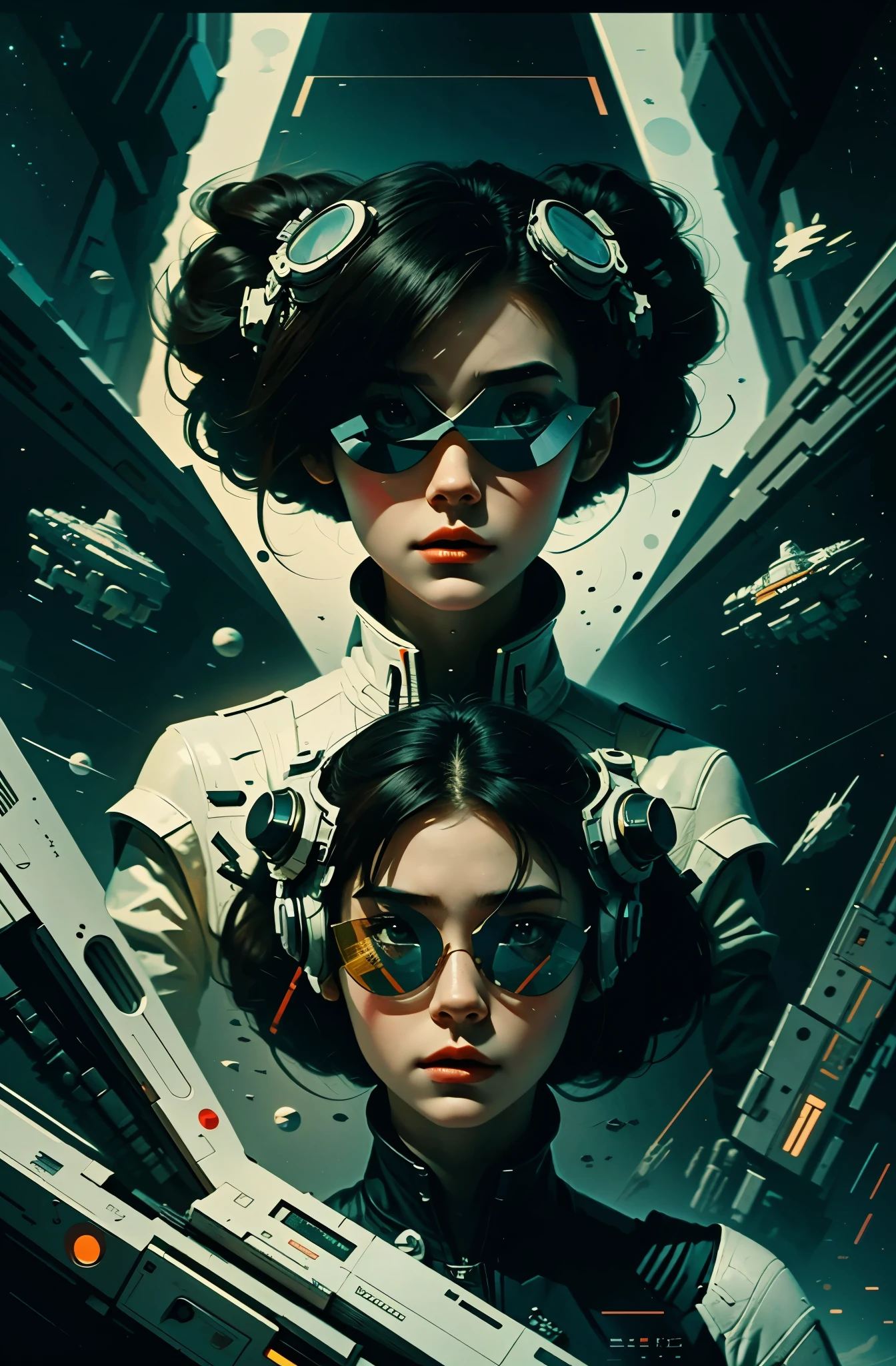 masterpiece, best quality, 1girl, space thriller movie poster, Bauhaus, shapes, lines, abstract, wearing Vision Pro goggles