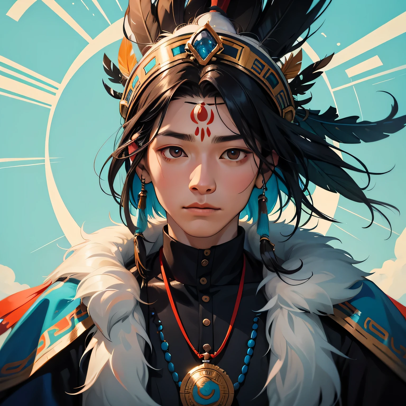 Head of shaman Tengri, found in a state of meditation, depicted as elegant and intelligent. His hair is detailed with the distinct isolation of Germanted., and on his head he wears a traditional Indian headdress, autowurloo... Lots of bright and colorful feathers, also detailed, visible around his head. Shaman looking at the camera, be in a deep meditative state