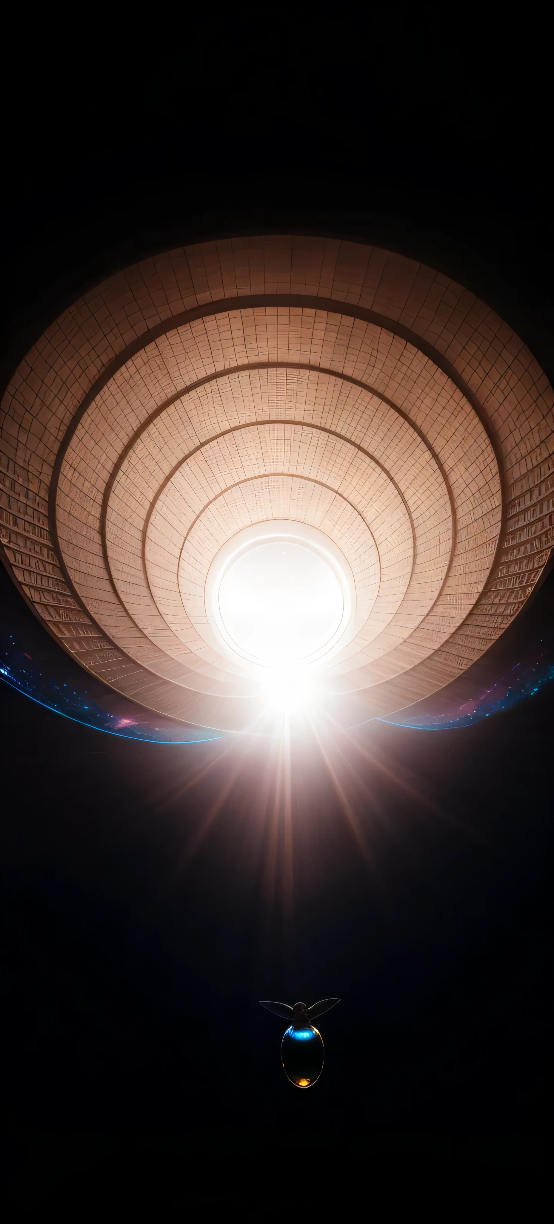 Ceiling lights illuminate view of Araf, Inside the UFO, Volumetric light ， surreal, majestic interstellar portal, author：Anna Forsley, realism | hummingbird, light at the end of tunnel, lit from below, light from top, by bee, wormhole, from below