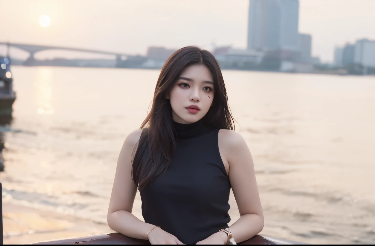 SSSS, RAW 8k photos, best quality, Masterpiece, Ultra high resolution, Film texture, movies, 1 girl, look at viewer, เนื้อผิวisธรรมชาติ, Realistic eye and facial details, full lips, lipstick, (put on makeup), red eyeshadow, short, fluffy hair, messy hair, smile, gag, beautiful leg, tall woman, thin, thin_leg, alone, enormous breast, cleavage, Pose with your butt facing you., ultra short skirt, is, shirt, Beautiful natural places, Around the flower location, (Detailed background), plaid skirt, white shirt, enormous breast, cleavage, Show a little cleavage through the shirt, Loafers, Blurry background, Blurry, Holding, plaid, short sleeve, JK Ribbon on the neck, JK Ribbon, ผมสีwaterตาล, bracelet, water, smooth, School uniform, decorations, parted lips, lips, from the side, pleated skirt, depth of field