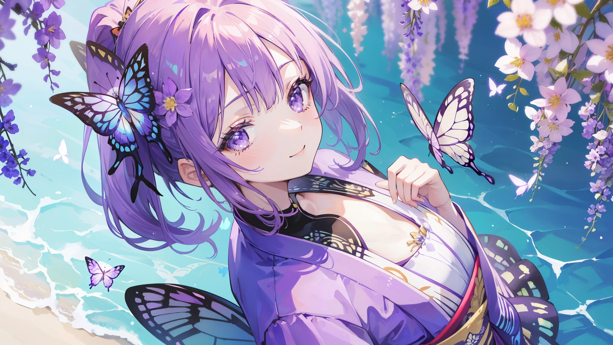 (32k), ((cute girl)), (hight quality), (high-level image quality), (smile), (hight quality wisteria flowers background), (32k background), (wisteria trellis), 
(purple short ponytail), (purple eyes), (18 years old), (illustration), (purple light particles), (purple kimono), (purple Japanese clothes), (((from above))), (32k), (beautiful cute girl), (butterfly ornament), (butterfly dress), ((many butterflies)), (((background of many flowers
))), (((bright background))), (beautiful world), (cute world), (smile), 