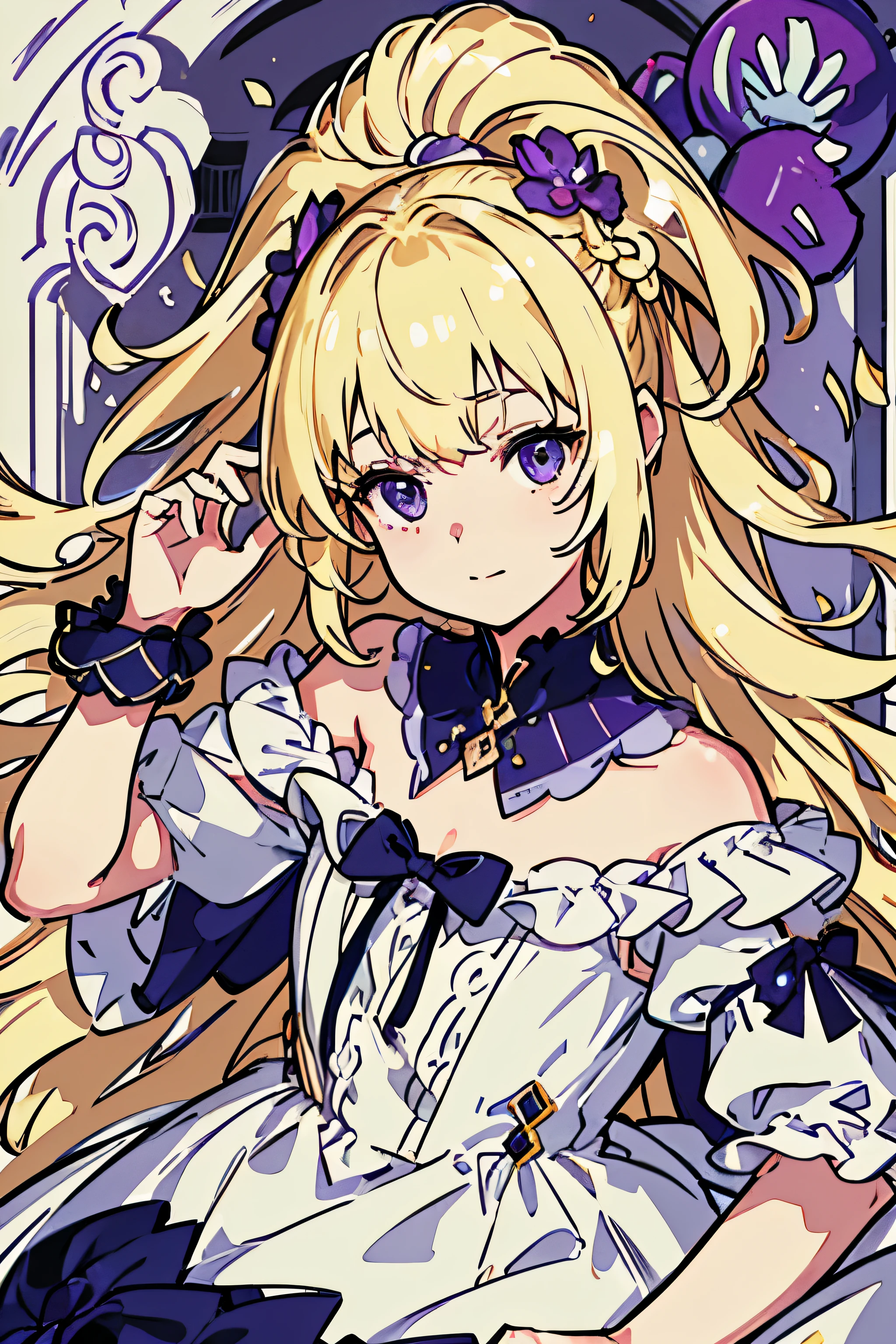 4K quality:1.2,1 girl,sense of depth,confused,catch light,Super beautiful illustration,(beautiful blonde,two side up hairstyle:1.3),;D,beautiful and delicate flowing hair,Delicate and detailed purple eyes:1.2,emphasized chest