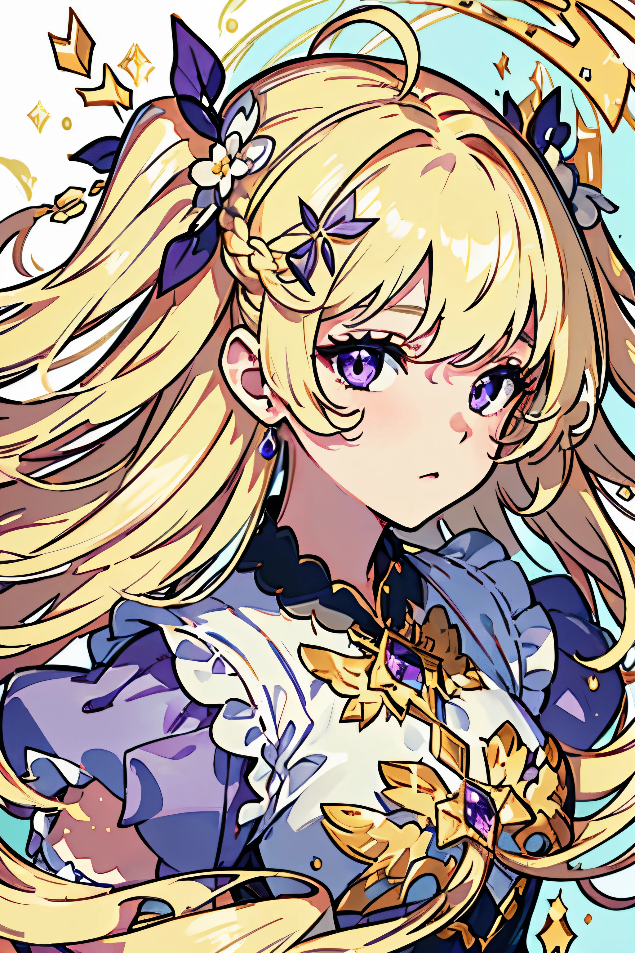 4K quality:1.2,1 girl,sense of depth,confused,catch light,Super beautiful illustration,(beautiful blonde,two side up hairstyle:1.3),;D,beautiful and delicate flowing hair,Delicate and detailed beautiful purple eyes:1.2,emphasized chest