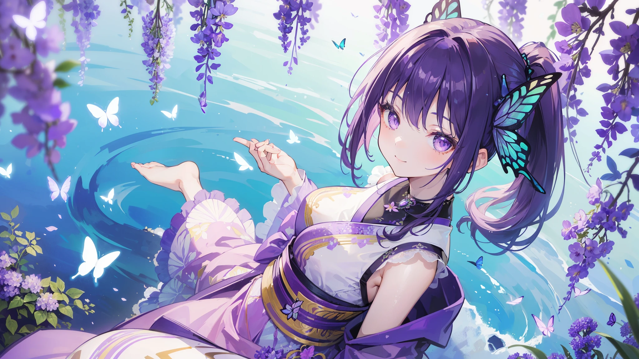 (32k), ((cute girl)), (hight quality), (high-level image quality), (smile), (hight quality wisteria flowers background), (32k background), (wisteria trellis),
(purple short ponytail), (purple eyes), (18 years old), (illustration), (purple light particles), (purple kimono), (purple Japanese clothes), (((from above))), (32k), (beautiful cute girl), (butterfly ornament), (butterfly dress), ((many butterflies)), (((background of many flowers
))), (((bright background))), (beautiful world), (cute world), (smile),
