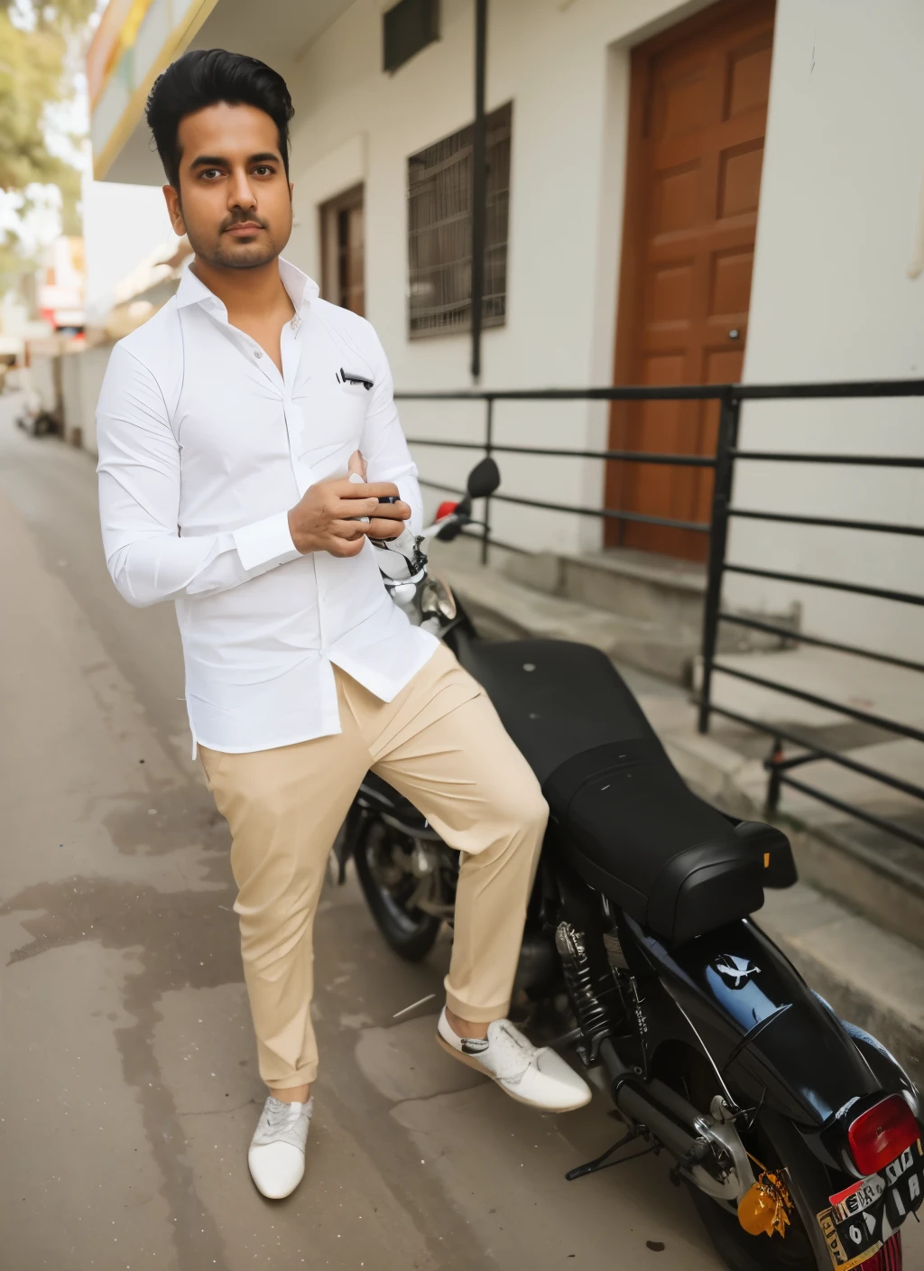 there is a man standing next to a motorcycle on the street, full body photogenic shot, stylish pose, candid picture, without helmet, taken with sony alpha 9, thought provoking, dressed in a jodhpuri suit, full body picture, very artistic pose, wearing white shirt, handsome man, inspired by Saurabh Jethani, with a cool pose