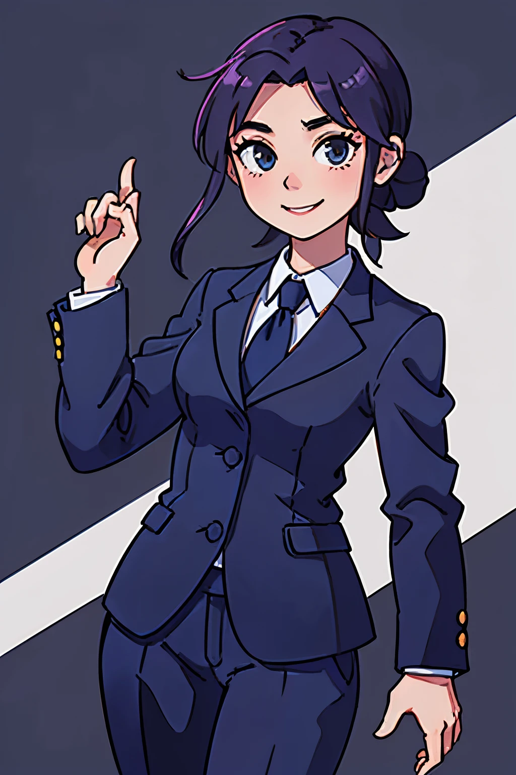 High quality、1woman、hair tied in a low bun、navy blue business suit、Holding your right hand forward、smile