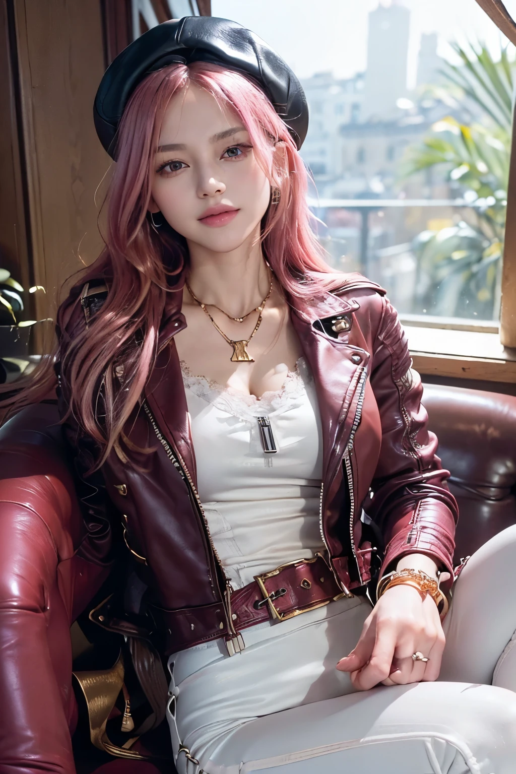 (8K, top-quality, masterpiece:1.2), (reallistic, Photorealsitic:1.37), Super Detail, One girl, (Highly detailed), (beautifully detailed eyes), (of the highest quality), (super detailed), (masterpiece), (Detailed face), 20yr old, 1 girl, (pink hair, long hair), medium breasts, clothed, Perfect Lighting,( red leather biker jacket:1.4), (black bodysuit:1.3), (white silk blouse:1.3), (black skinny leggings:1.4), (slim fit:1.2), (gold buckle and zipper on jacket:1.5), (black thin knee socks:1.2), (red lace-up heel boots:1.4), (gold necklace and bracelet:1.3), (red beret:1.3), BRAKE (upper body to waist:1.2), (pink wavy hair:1.3), (seductive and provocative smile:1.4), (right hand playing with necklace:1.3), (left hand on hip:1.2), (slightly arched back, chest out:1.3), (European old building jewelry store:1.4), (spotlight on face and clothes in dark place:1.5), (natural light reflecting on skin and hair in bright place:1.5)