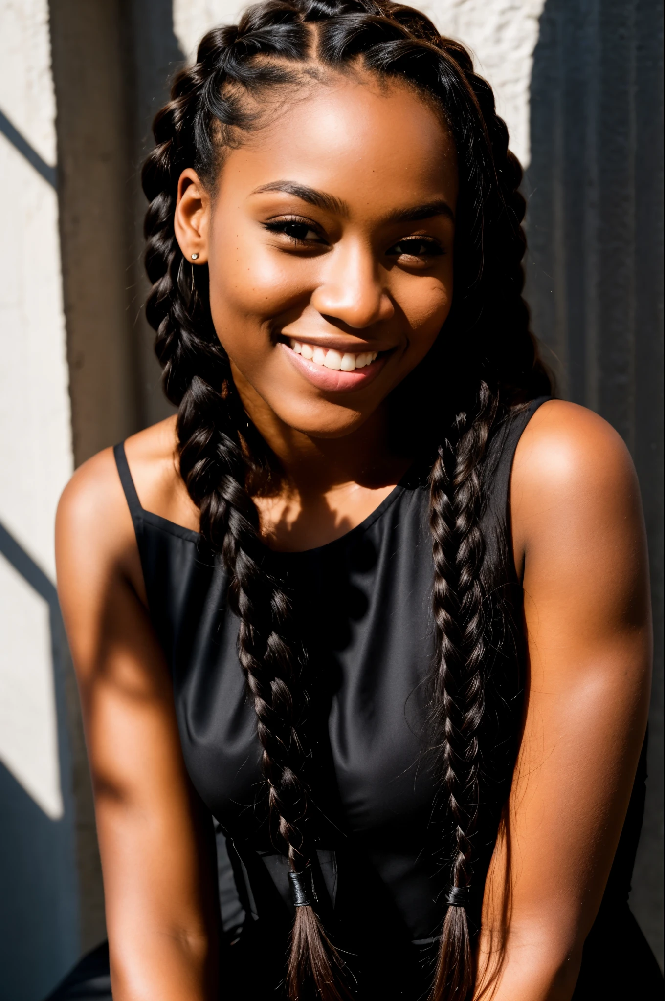 RAW photo, face portrait photo of beautiful 26 y.o black woman, cute face, wearing black dress, happy face, hard shadows, cinematic shot, dramatic lighting, brown hair in braids