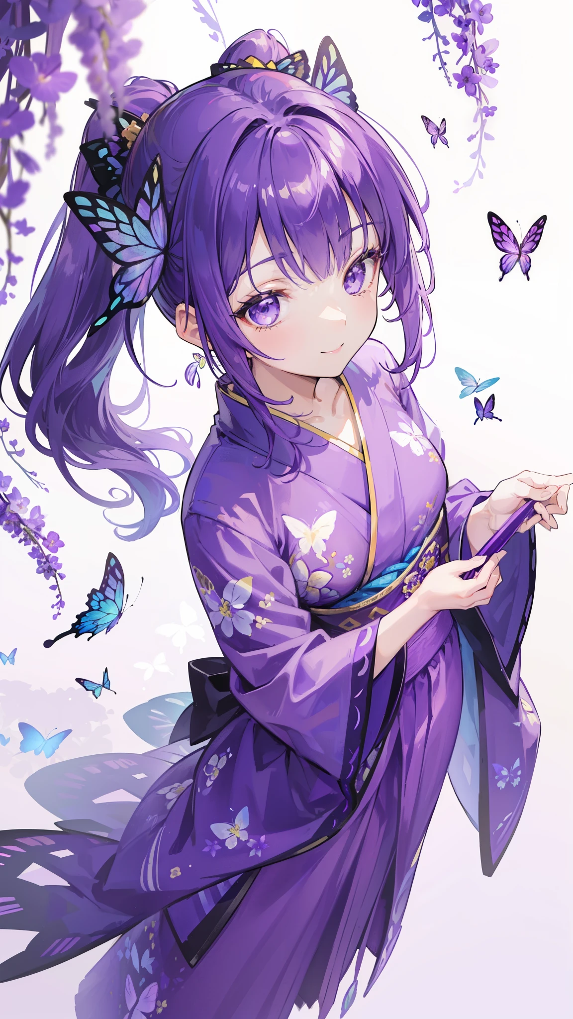 (32k), ((cute girl)), (hight quality), (high-level image quality), (smile), (hight quality wisteria flowers background), (32k background), (wisteria trellis), 
(purple short ponytail), (purple eyes), (18 years old), (illustration), (purple light particles), (purple kimono), (purple Japanese clothes), (((from above))), (32k), (beautiful cute girl), (butterfly ornament), (butterfly dress), ((many butterflies)), (((background of many flowers
))), (((bright background))), (beautiful world), (cute world), (smile), 