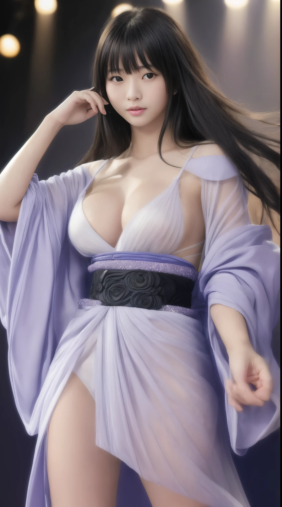 最high quality、high quality、Luxurious quality、Exceptional quality、wonderful品質、shining quality、premium quality、masterpiece、prime grade、level、first class、elite grade、high end、transcendental、cannot be compared、Best-in-class、premium class、wonderful、best image quality、8k、最High resolution、High resolution、Rich shades、crystal clear、realistic images、perfect details、Image without defects、clear image、wonderful表示、bright colors、deep contrast、high fidelity、amazing clarity、optimal performance、perfect image、naturalism、Persuasive、Close to reality、Realistic human body in every detail、Realistic skin in every detail、Realistic face in every detail、Realistic eyes in every detail、Realistic lips in every detail、Realistic teeth in every detail、Realistic ears down to the last detail、Realistic hair down to the last detail、Realistic arms down to the last detail、Realistic reproduction of every detail、Realistic fingers in every detail、(fine hands、thumb1reference4)、Realistic feet in every detail、((beautiful japanese girl))、(日本人model)、((18 year old beautiful girl))、(black hair)、(straight hair)、((whole body))、((Upward beautiful breasts、Medium chest))、(slim style、slender style)、(whole body光沢肌、Fair skin)、Detailed and realistic human body、detailed realistic skin、detailed realistic face、detailed realistic arms、detailed realistic fingers、Detailed realistic feet、professional lighting、((big stage venue))、((gorgeous fashion venue))、((on stage))、(model)、((ファッションmodel))、((colorful transparent sheer(Kimono style dress with slit))、(((on stage(プロのmodelとしてのポーズ)))、((whole body映像))、angle from below、(Lots of galleries、large audience)