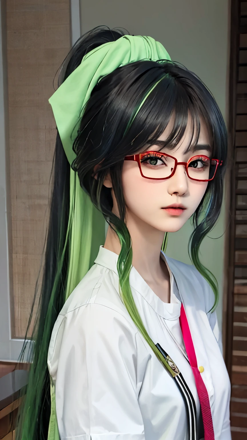 female classmate，single eyelid，14 years old，Height 168 cm，Long ponytail hairstyle，Black hair and green hair, Good-looking hair accessories, Eye color is light green,Wearing red glasses，Fine-rimmed glasses，White skin，White short sleeves，virtuous，Upper body