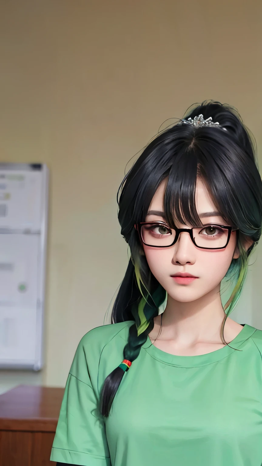 female classmate，single eyelid，************，Height 168 cm，Long ponytail hairstyle，Black hair and green hair, Good-looking hair accessories, Eye color is light green,Wearing red glasses，Fine-rimmed glasses，White skin，White short sleeves，virtuous，Upper body