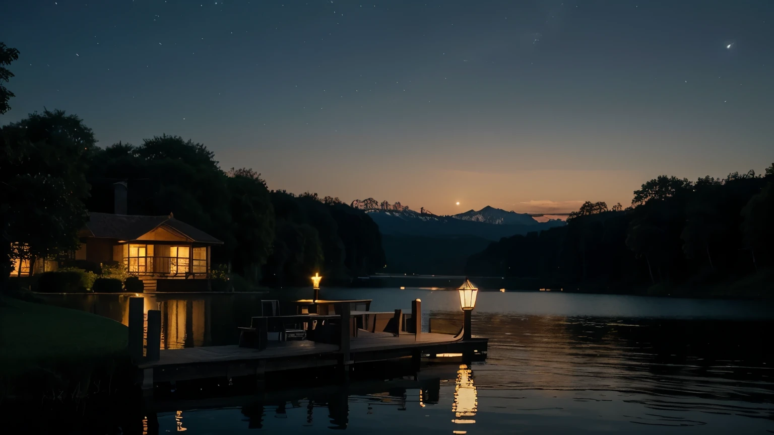 Lake ambience at night. Home. Lamp. Stats